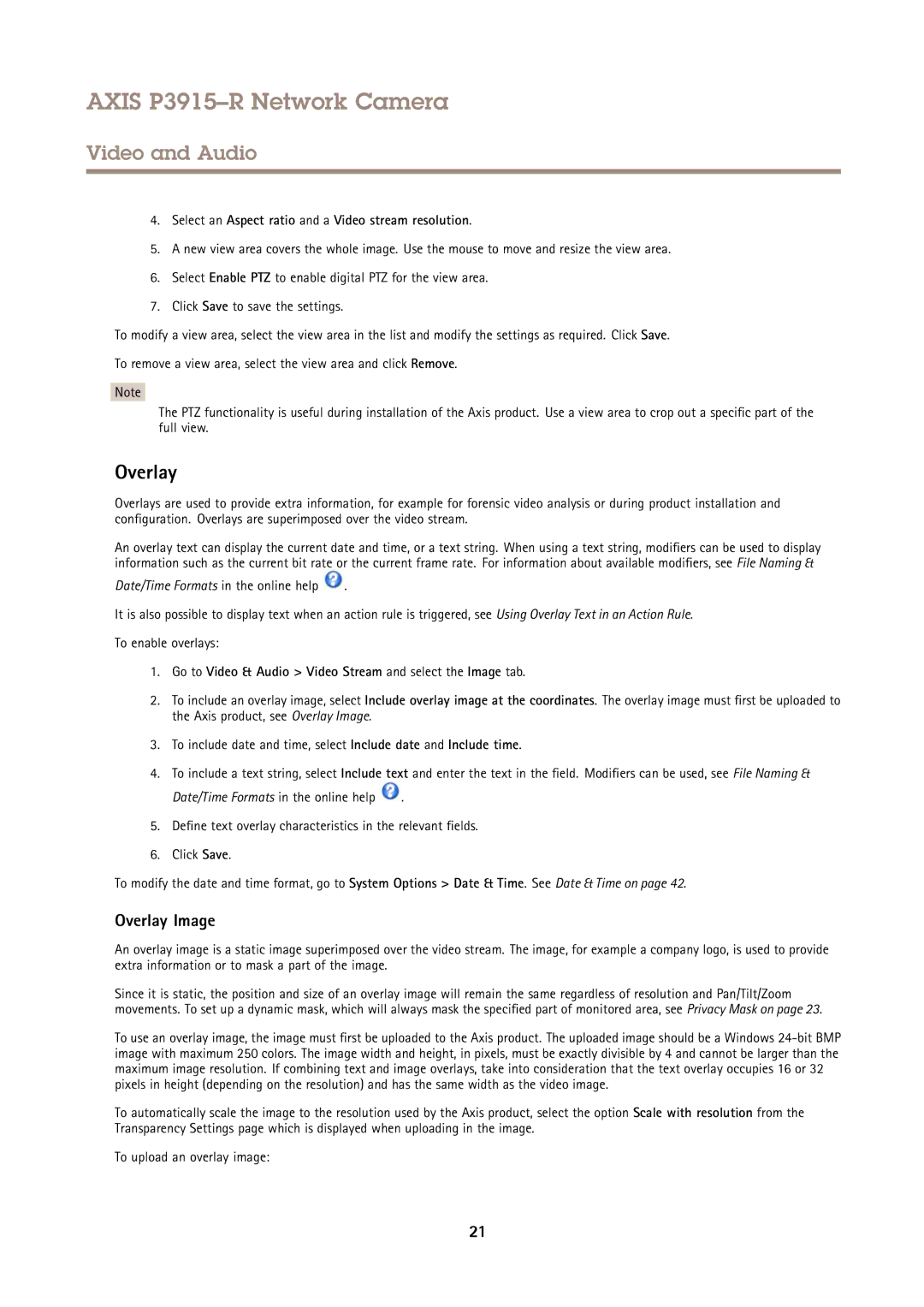 Axis Communications P3915-R user manual Overlay Image, Select an Aspect ratio and a Video stream resolution 