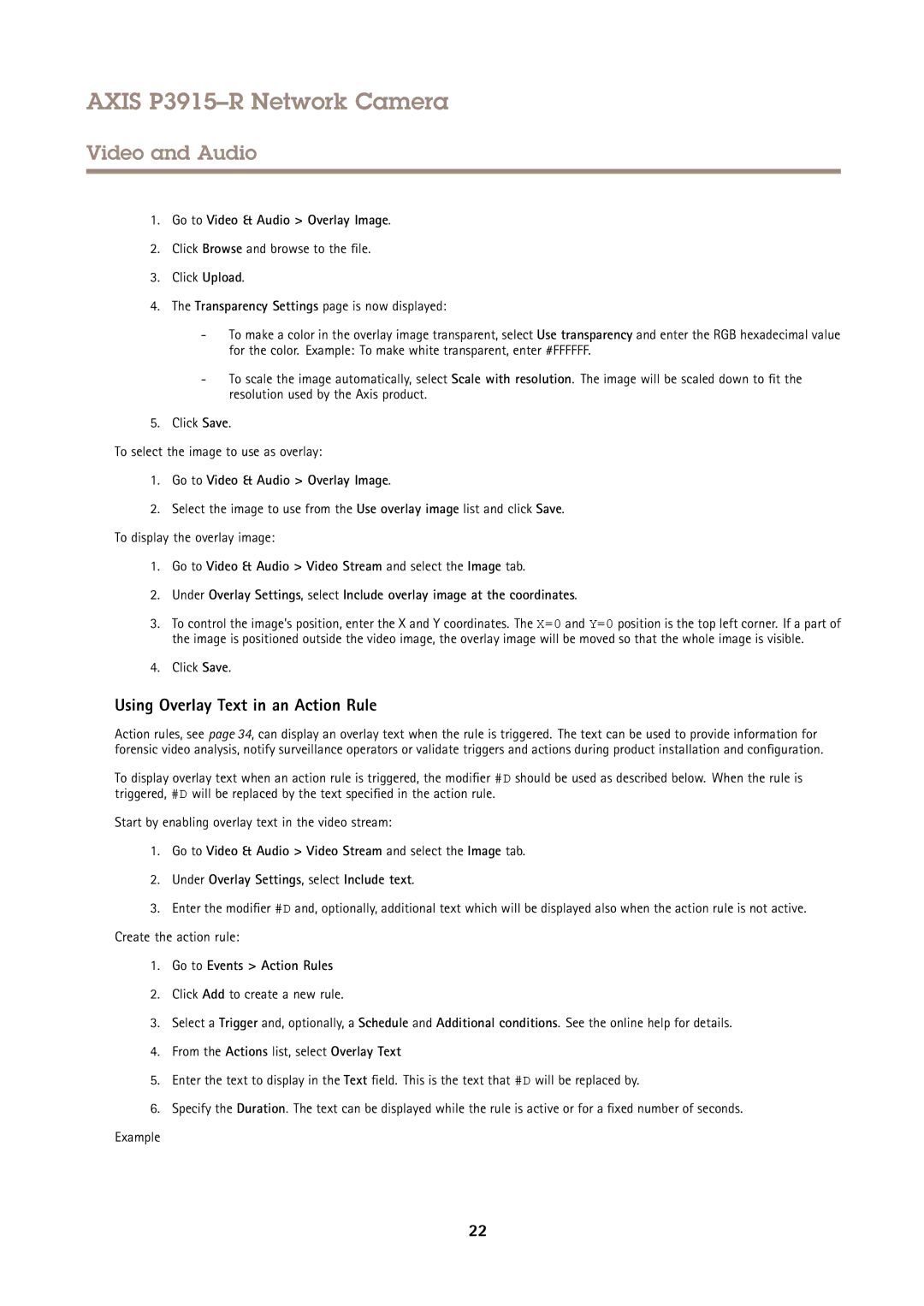 Axis Communications P3915-R user manual Using Overlay Text in an Action Rule, Go to Video & Audio Overlay Image 