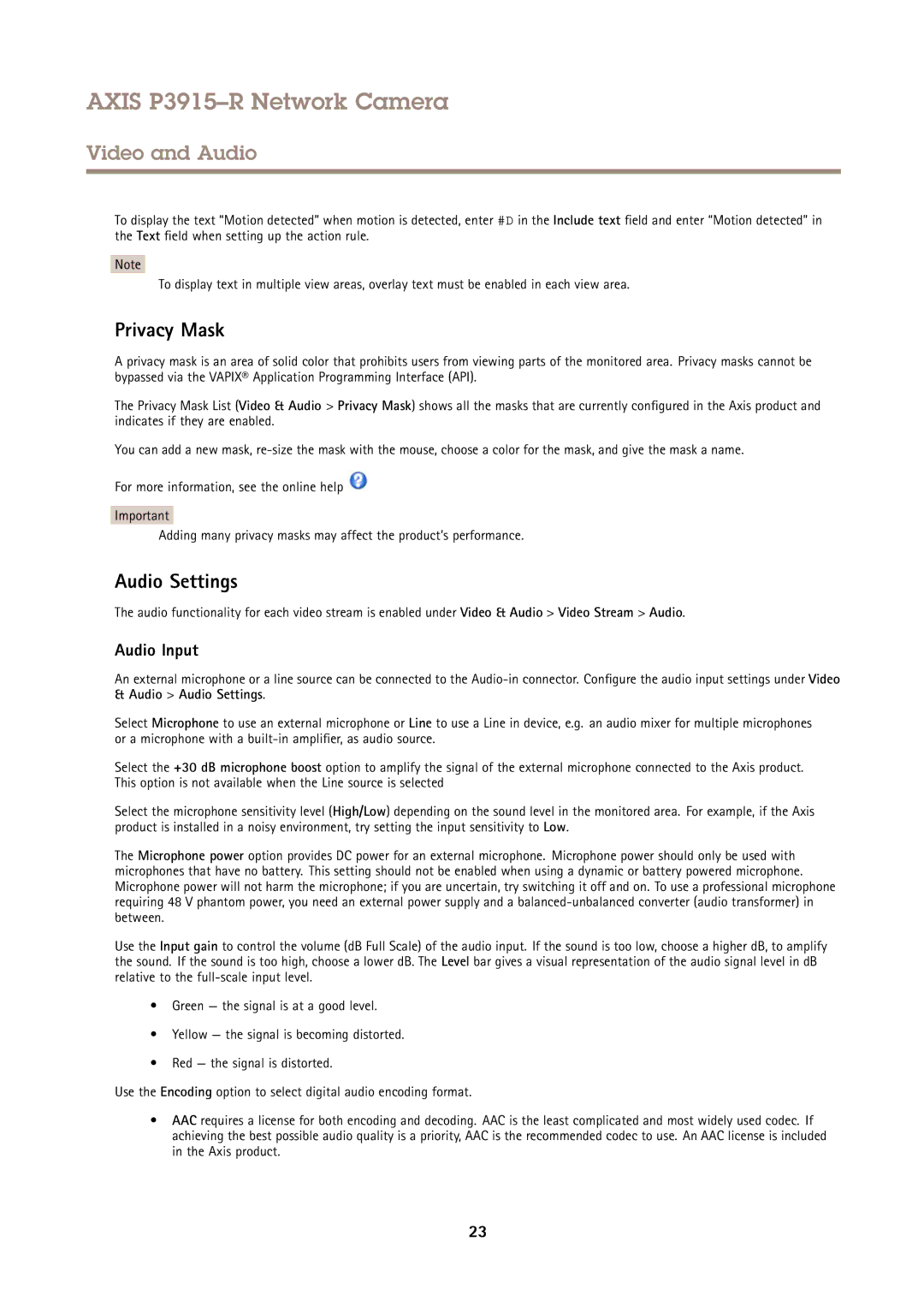 Axis Communications P3915-R user manual Privacy Mask, Audio Settings, Audio Input 