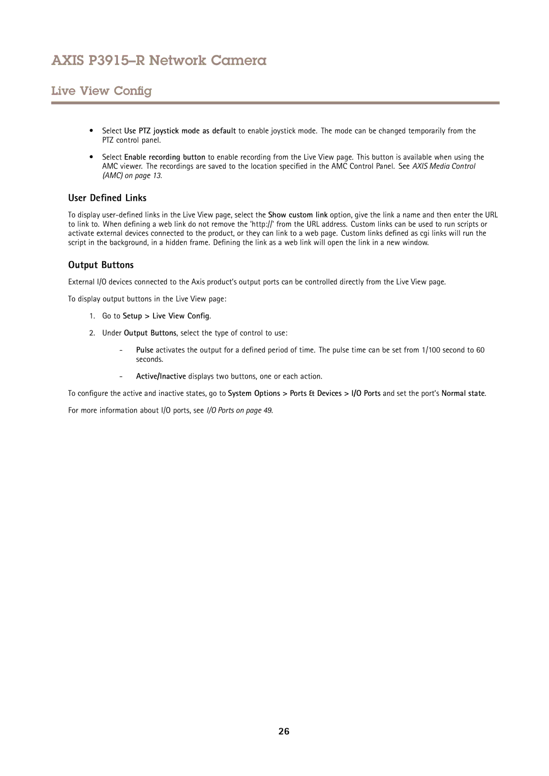 Axis Communications P3915-R user manual User Defined Links, Output Buttons, Go to Setup Live View Config 