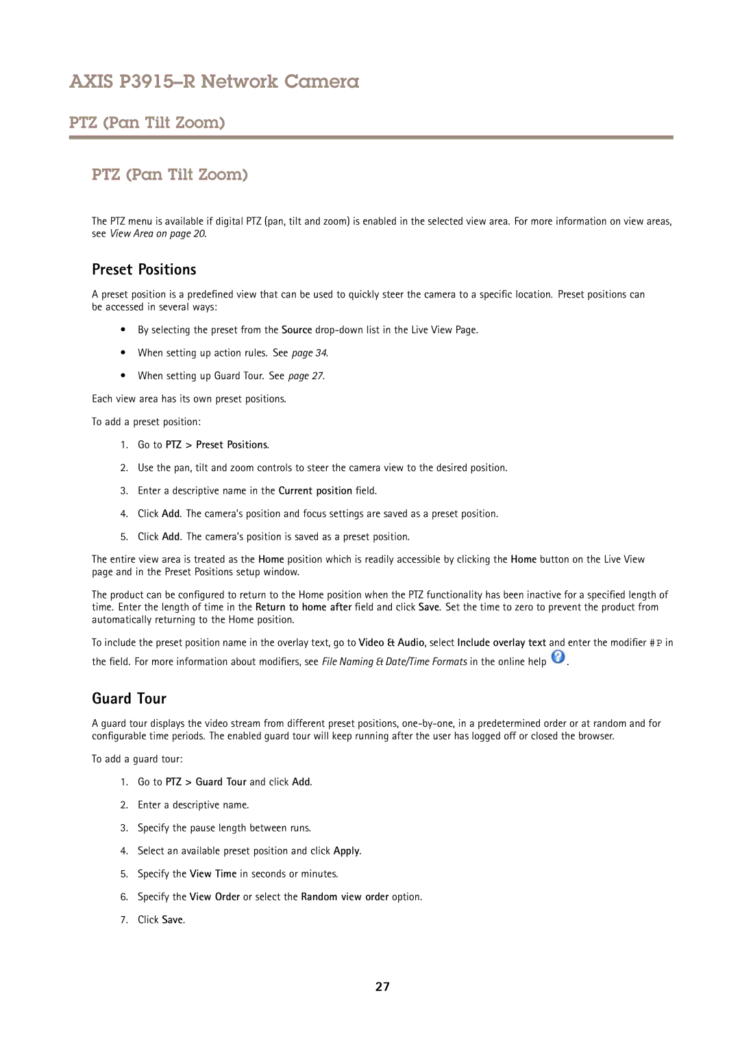 Axis Communications P3915-R user manual PTZ Pan Tilt Zoom, Guard Tour, Go to PTZ Preset Positions 