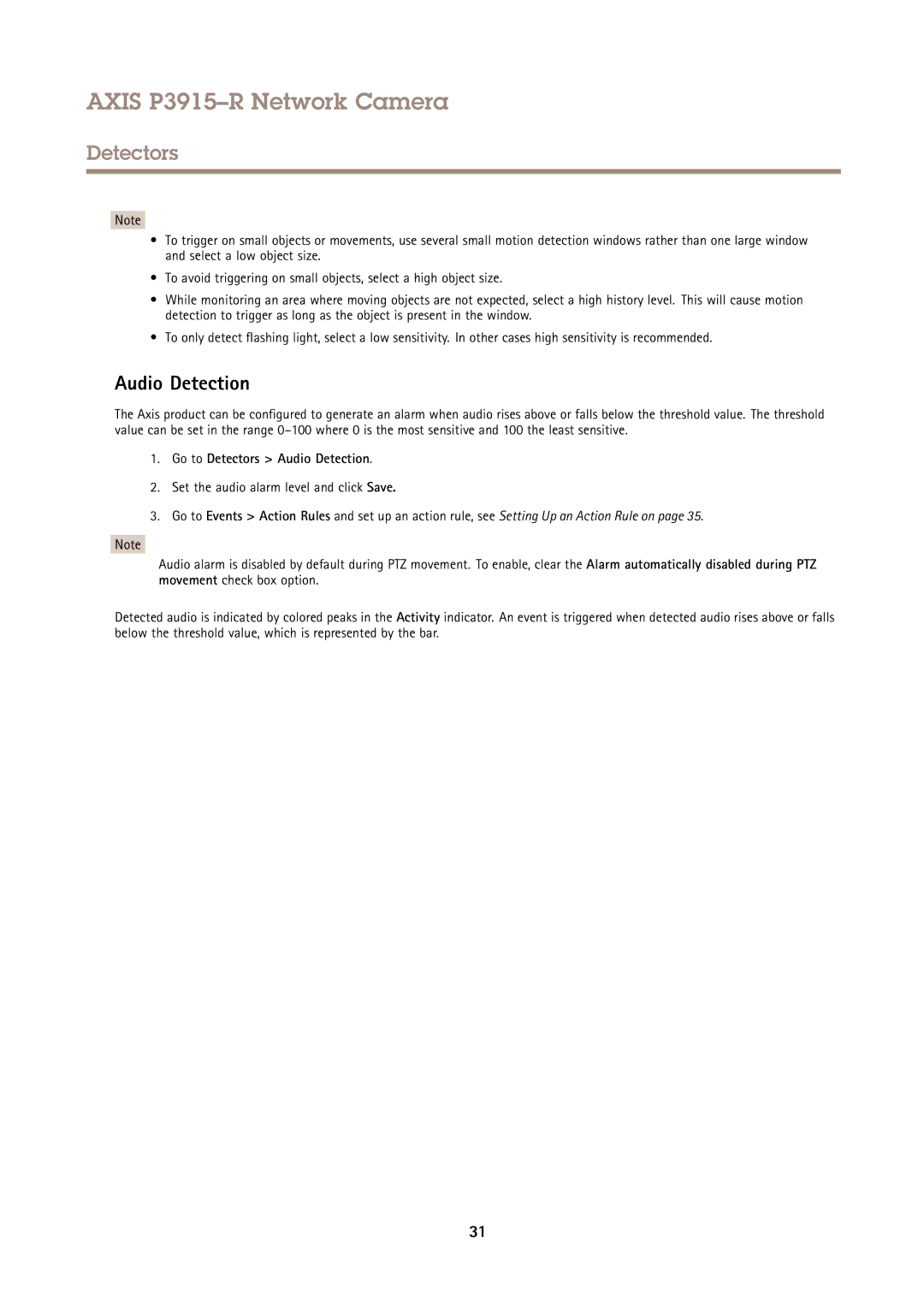 Axis Communications P3915-R user manual Go to Detectors Audio Detection 