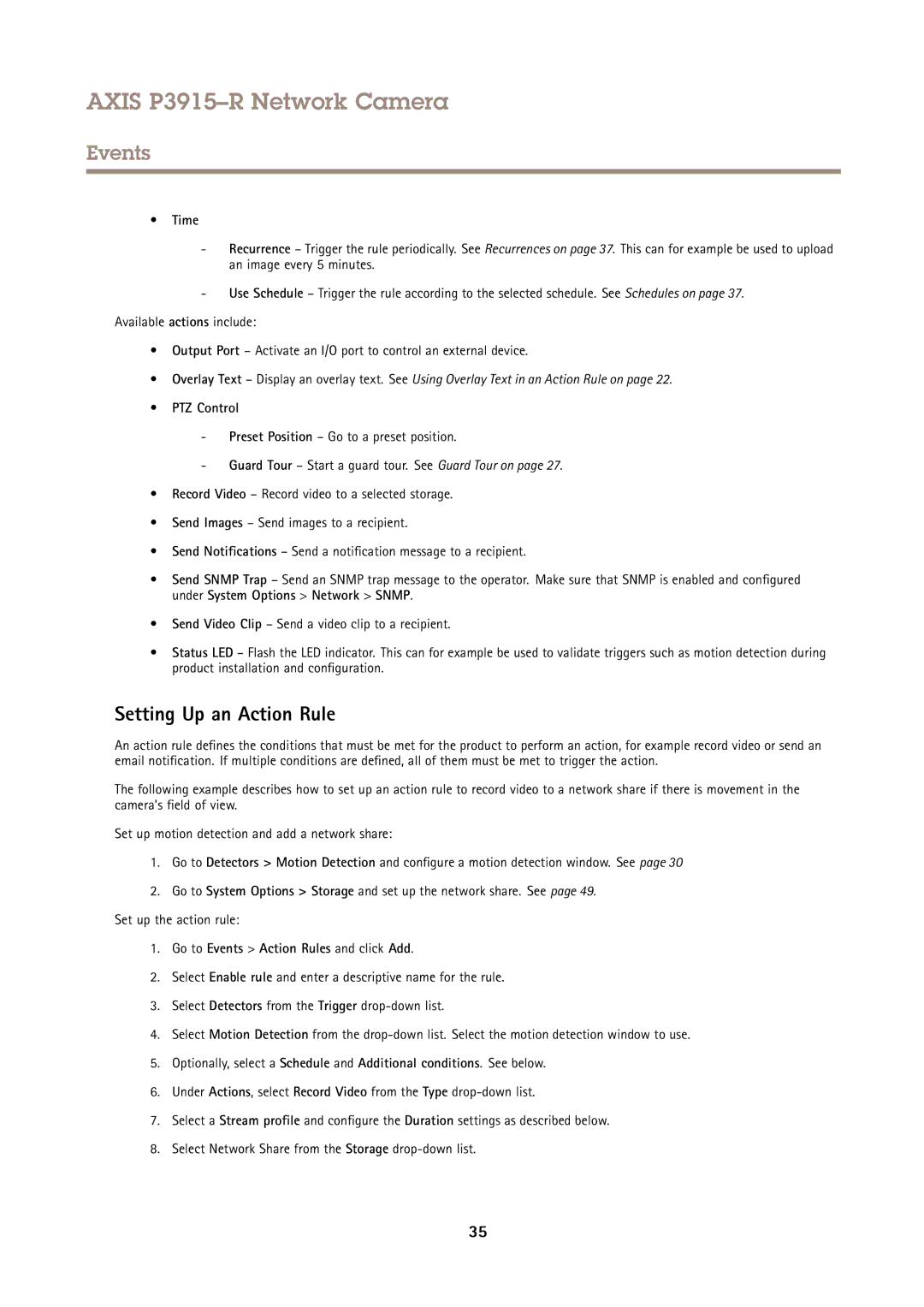 Axis Communications P3915-R Setting Up an Action Rule, Time, PTZ Control, Go to Events Action Rules and click Add 