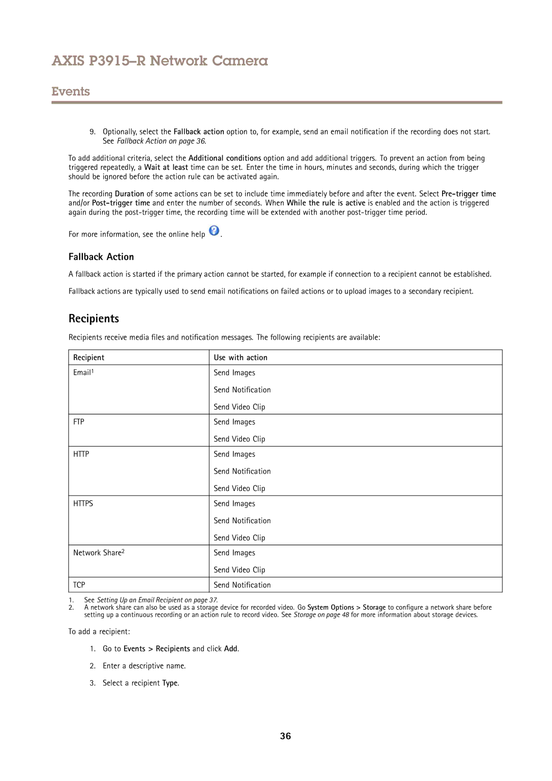 Axis Communications P3915-R Fallback Action, Recipient Use with action, Go to Events Recipients and click Add 