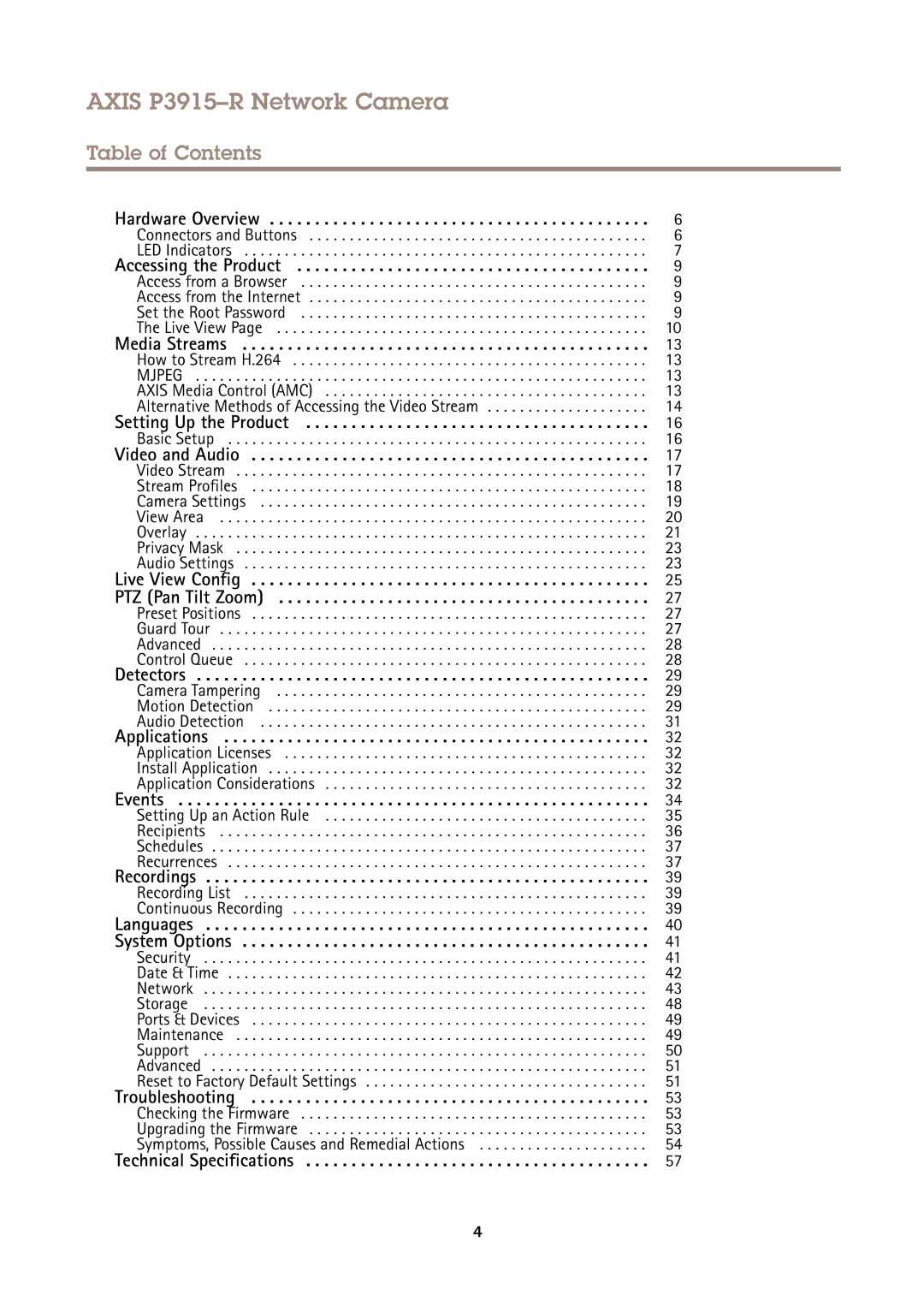 Axis Communications user manual Axis P3915-R Network Camera, Table of Contents 