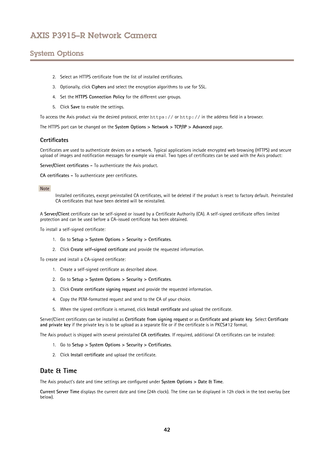 Axis Communications P3915-R user manual Date & Time, Go to Setup System Options Security Certificates 