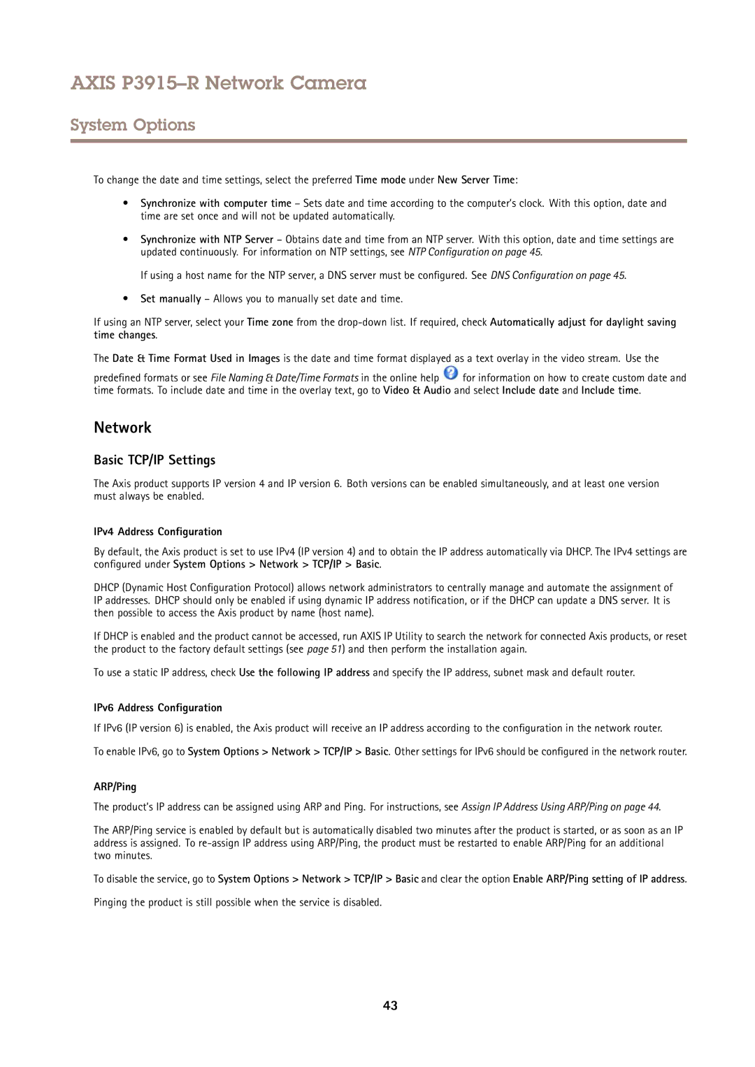 Axis Communications P3915-R Network, Basic TCP/IP Settings, IPv4 Address Configuration, IPv6 Address Configuration 