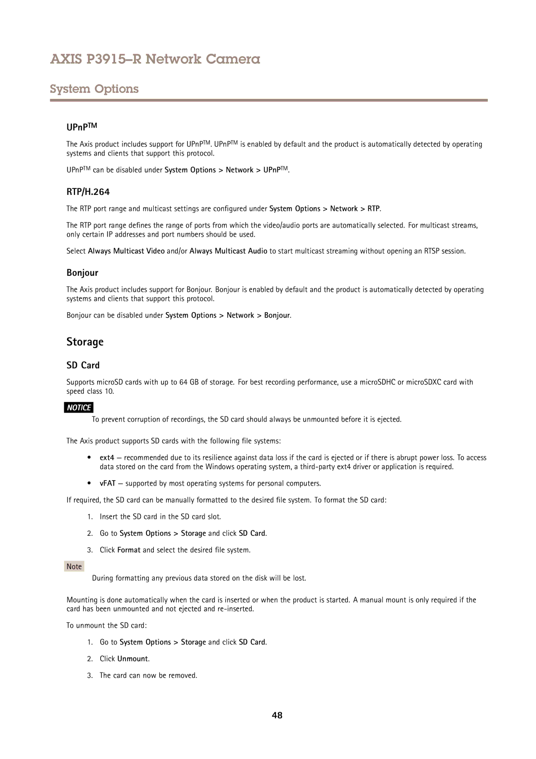 Axis Communications P3915-R user manual Storage, UPnPTM, RTP/H.264, Bonjour, SD Card 