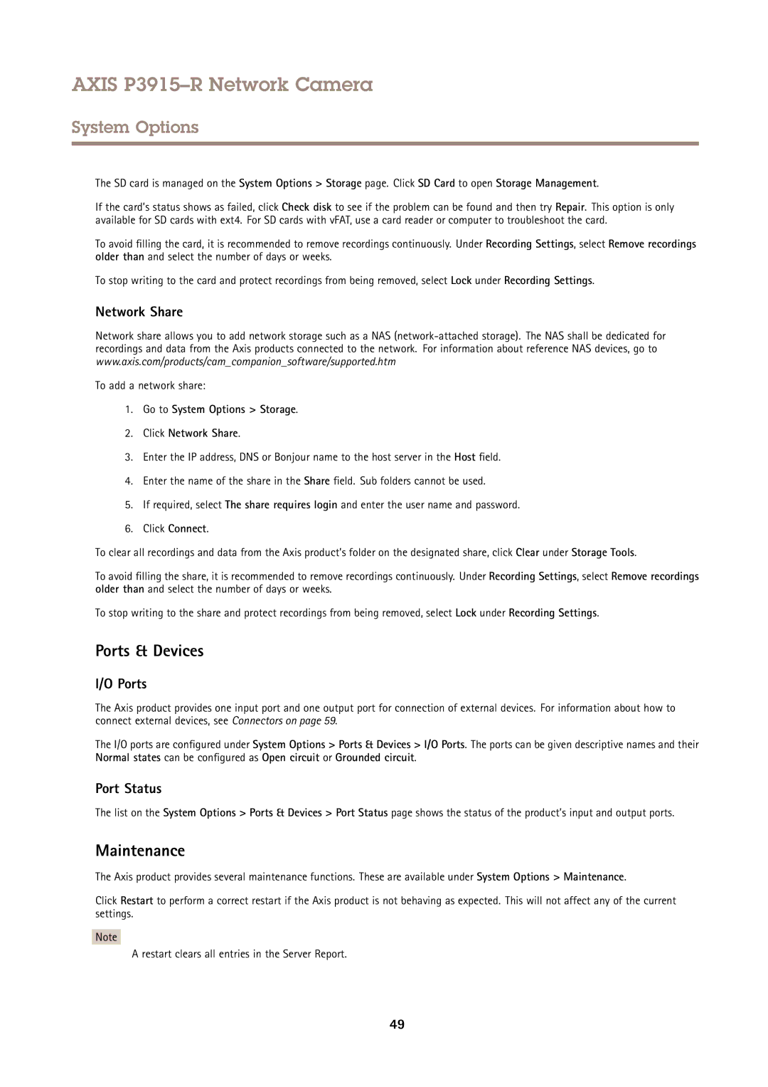 Axis Communications P3915-R user manual Ports & Devices, Maintenance, Network Share, Port Status 