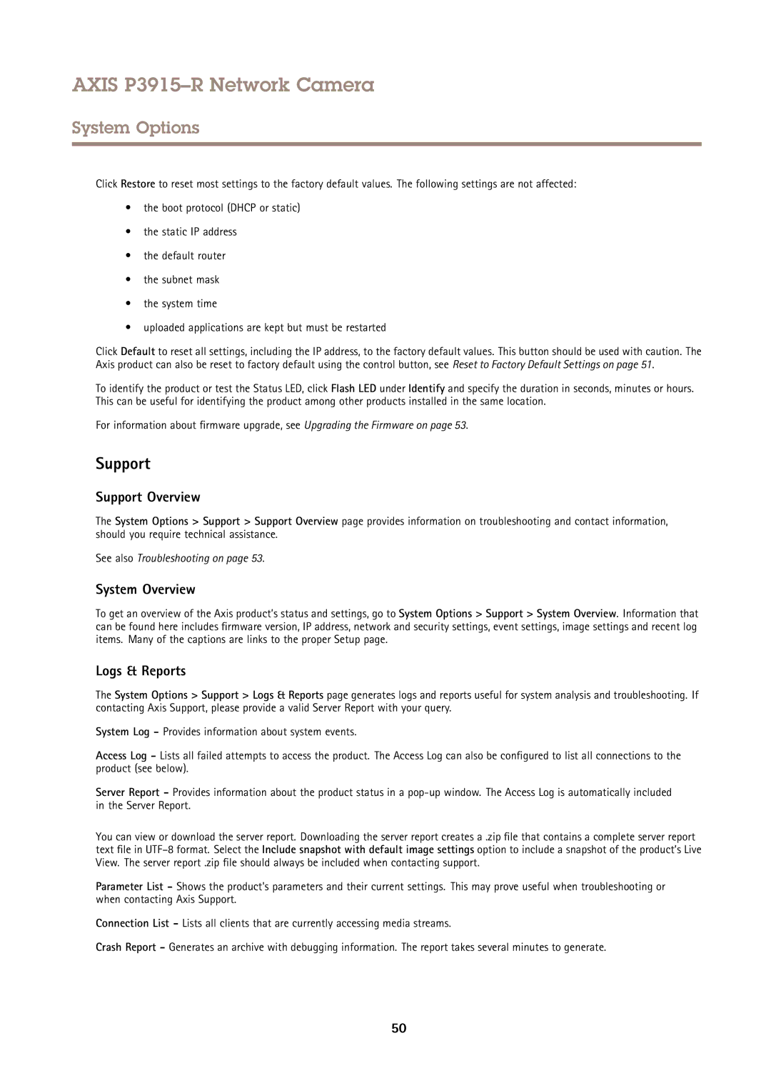 Axis Communications P3915-R user manual Support Overview, System Overview, Logs & Reports 