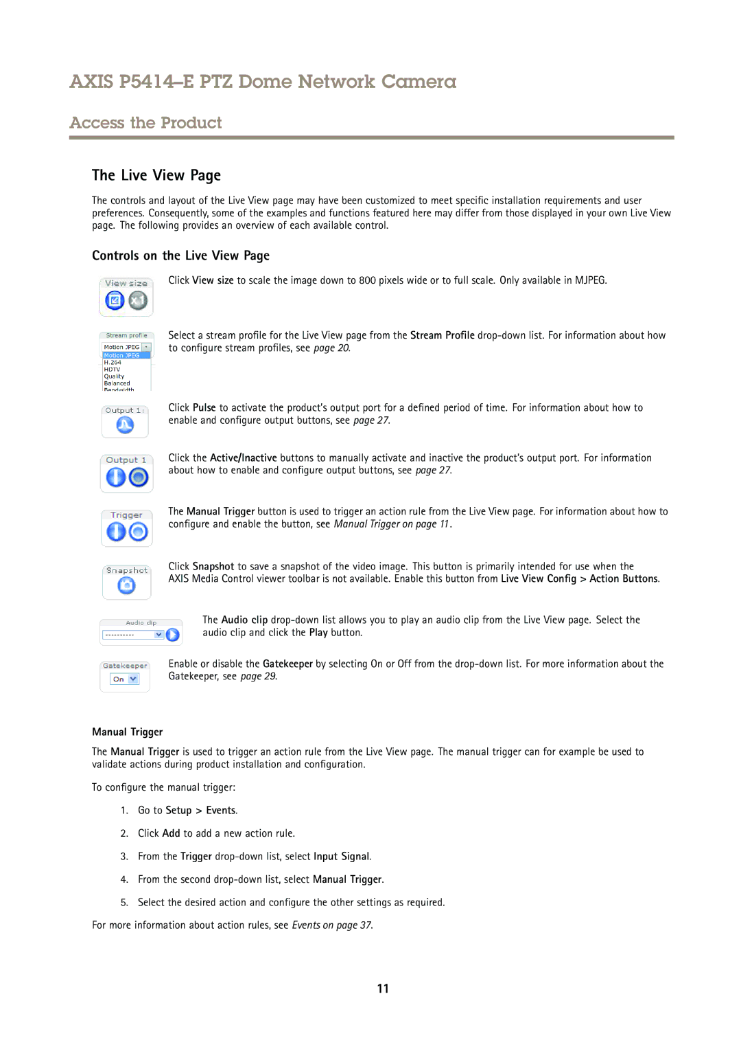 Axis Communications P5414-E user manual Controls on the Live View, Manual Trigger, Go to Setup Events 