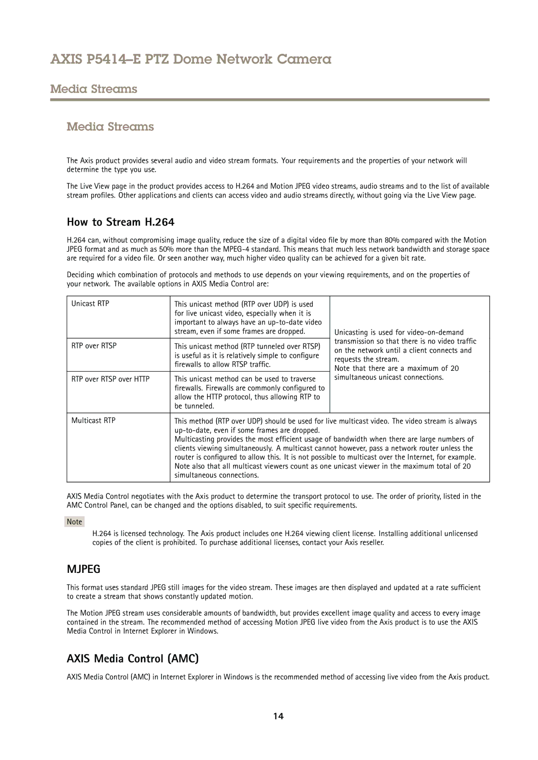 Axis Communications P5414-E user manual Media Streams, How to Stream H.264, Axis Media Control AMC 