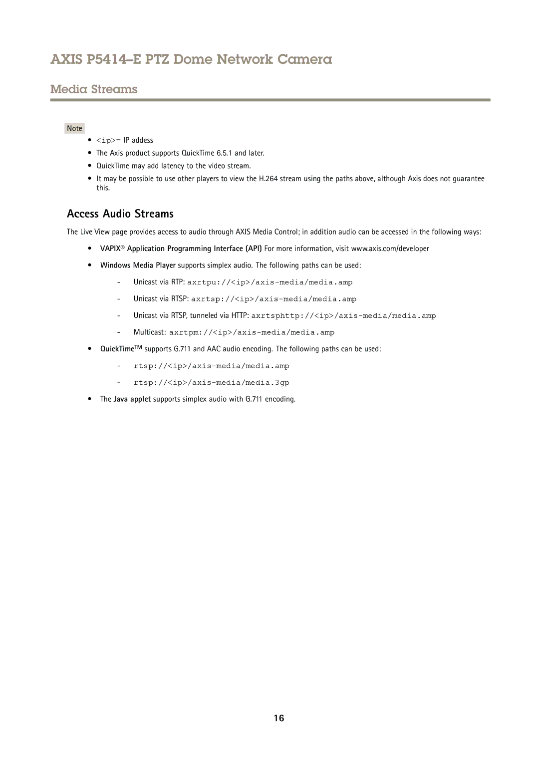 Axis Communications P5414-E user manual Access Audio Streams, Java applet supports simplex audio with G.711 encoding 