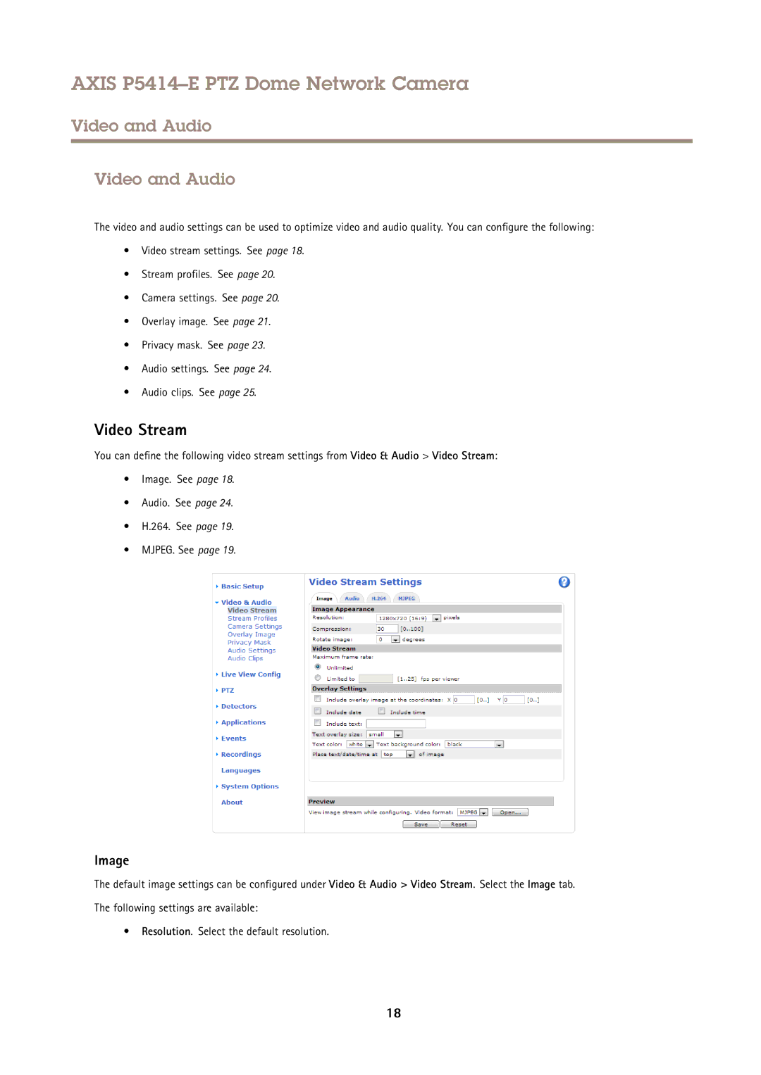 Axis Communications P5414-E user manual Video and Audio, Video Stream, Image 