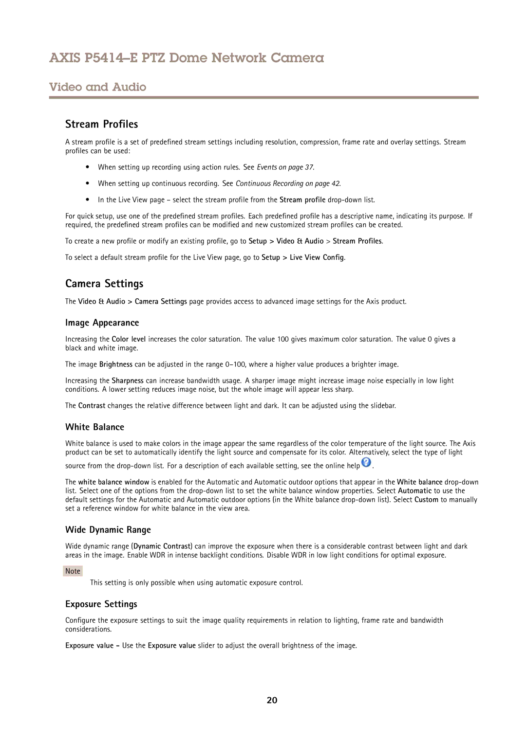 Axis Communications P5414-E user manual Stream Profiles, Camera Settings 