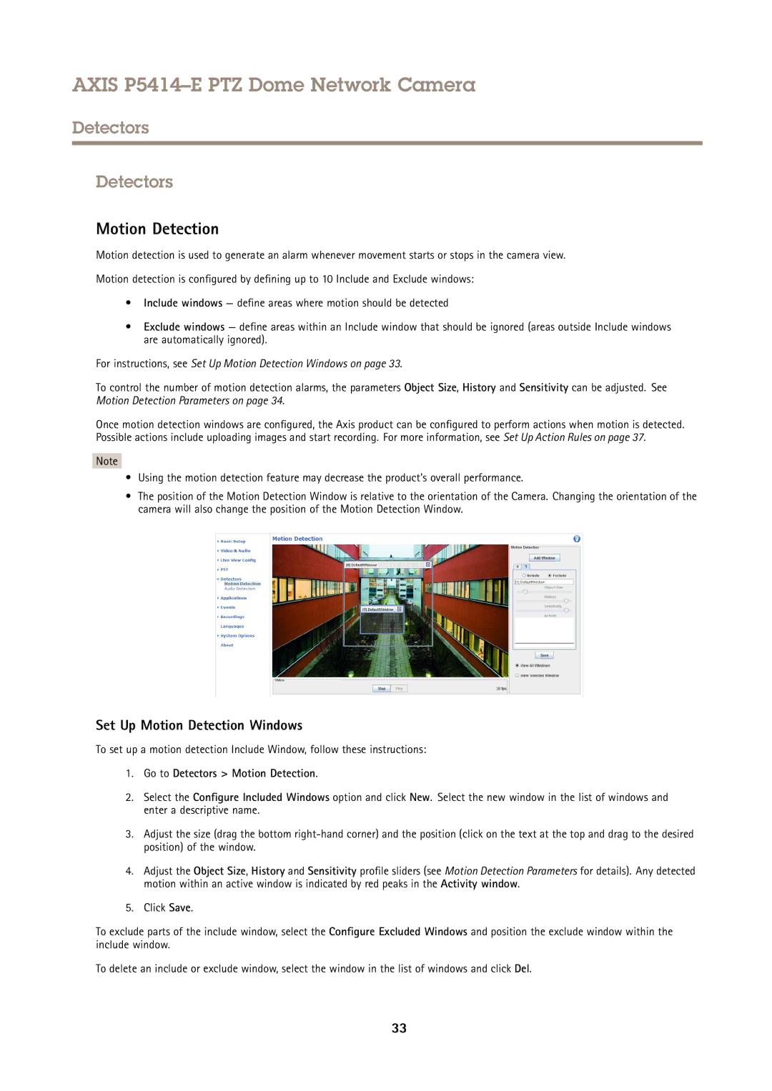 Axis Communications P5414-E user manual Set Up Motion Detection Windows, Go to Detectors Motion Detection 