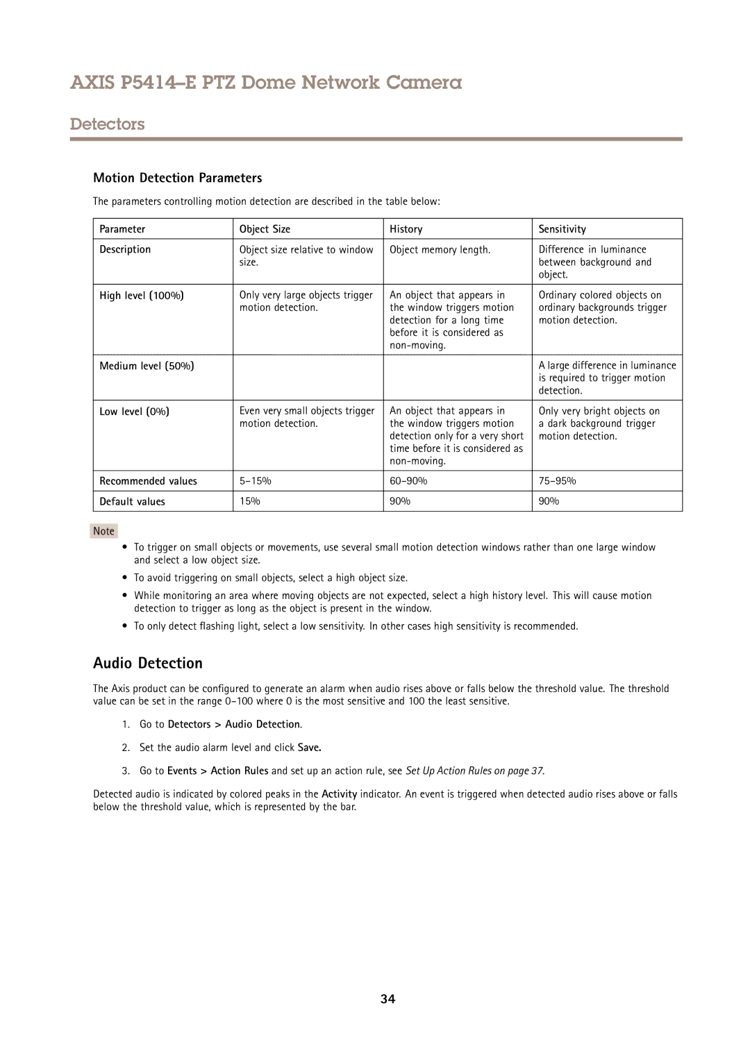 Axis Communications P5414-E user manual Audio Detection, Motion Detection Parameters 