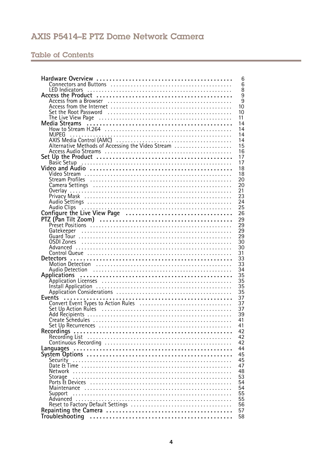 Axis Communications user manual Axis P5414-E PTZ Dome Network Camera, Table of Contents 