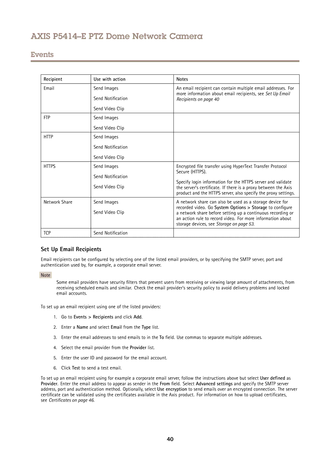 Axis Communications P5414-E user manual Set Up Email Recipients, Recipient Use with action 