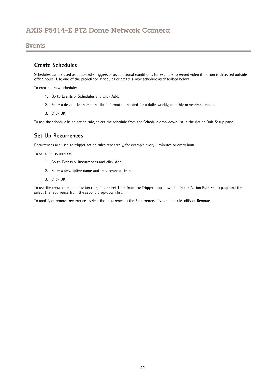 Axis Communications P5414-E user manual Create Schedules, Set Up Recurrences, To create a new schedule 