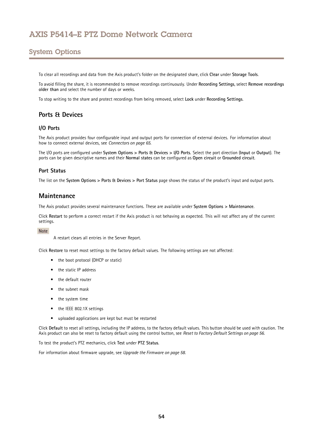 Axis Communications P5414-E user manual Ports & Devices, Maintenance, Port Status 