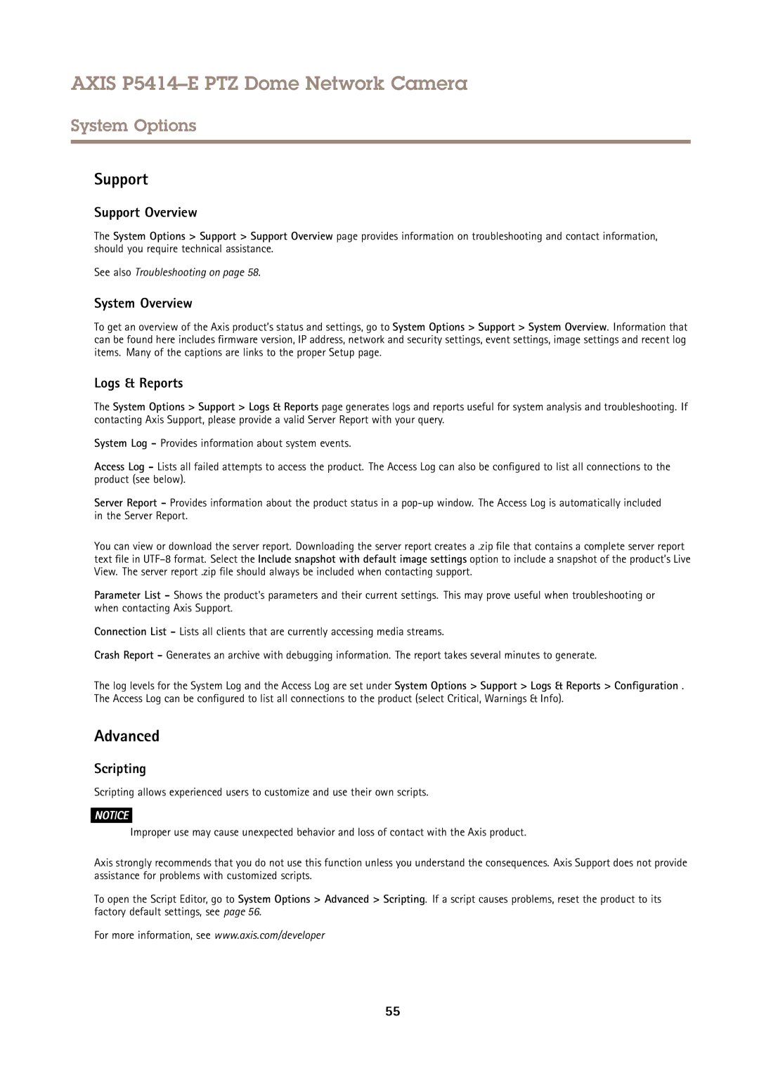 Axis Communications P5414-E user manual Support Overview, System Overview, Logs & Reports, Scripting 