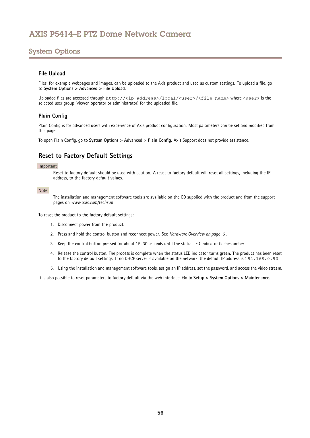 Axis Communications P5414-E user manual Reset to Factory Default Settings, File Upload, Plain Config 