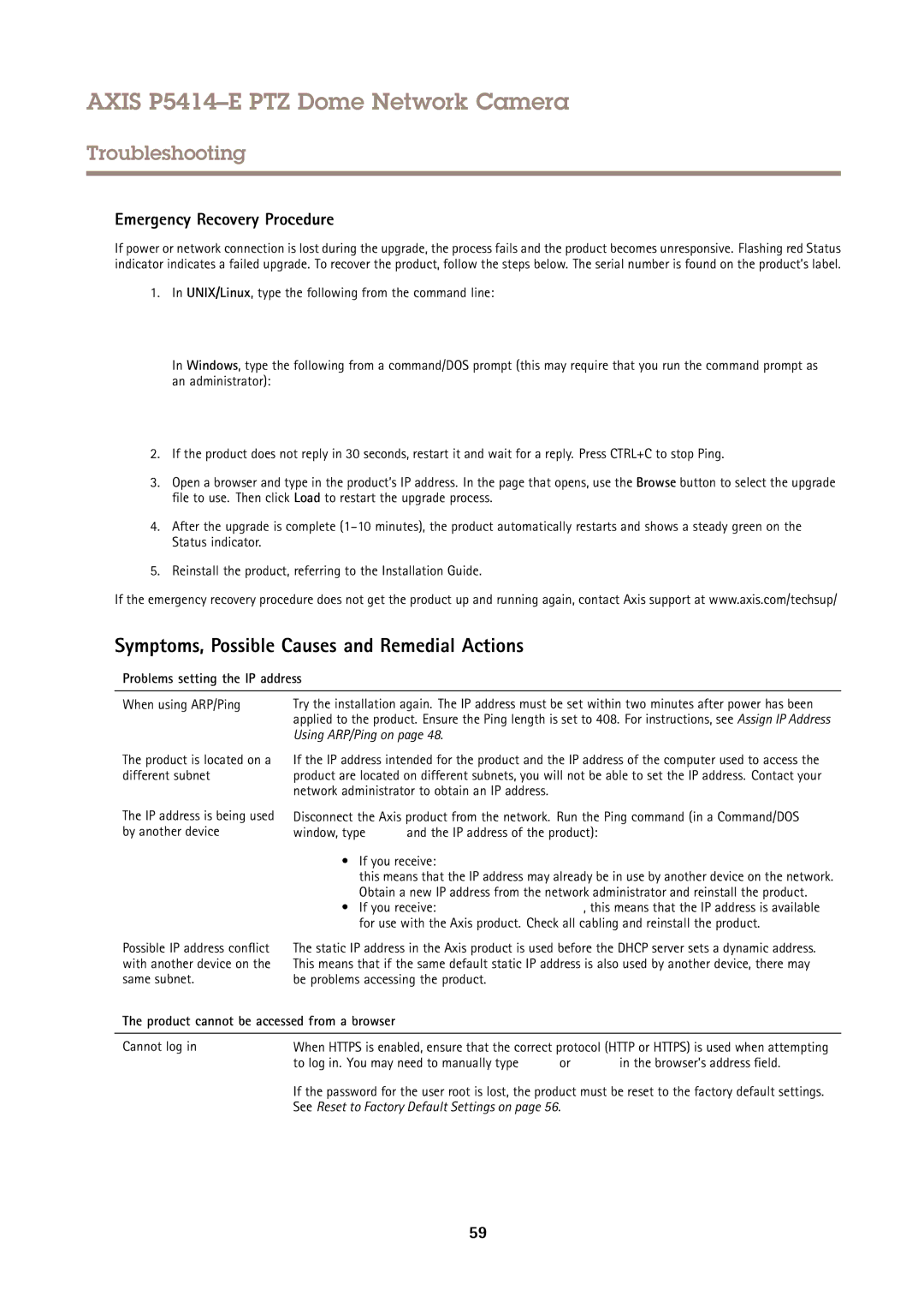 Axis Communications P5414-E user manual Symptoms, Possible Causes and Remedial Actions, Emergency Recovery Procedure 