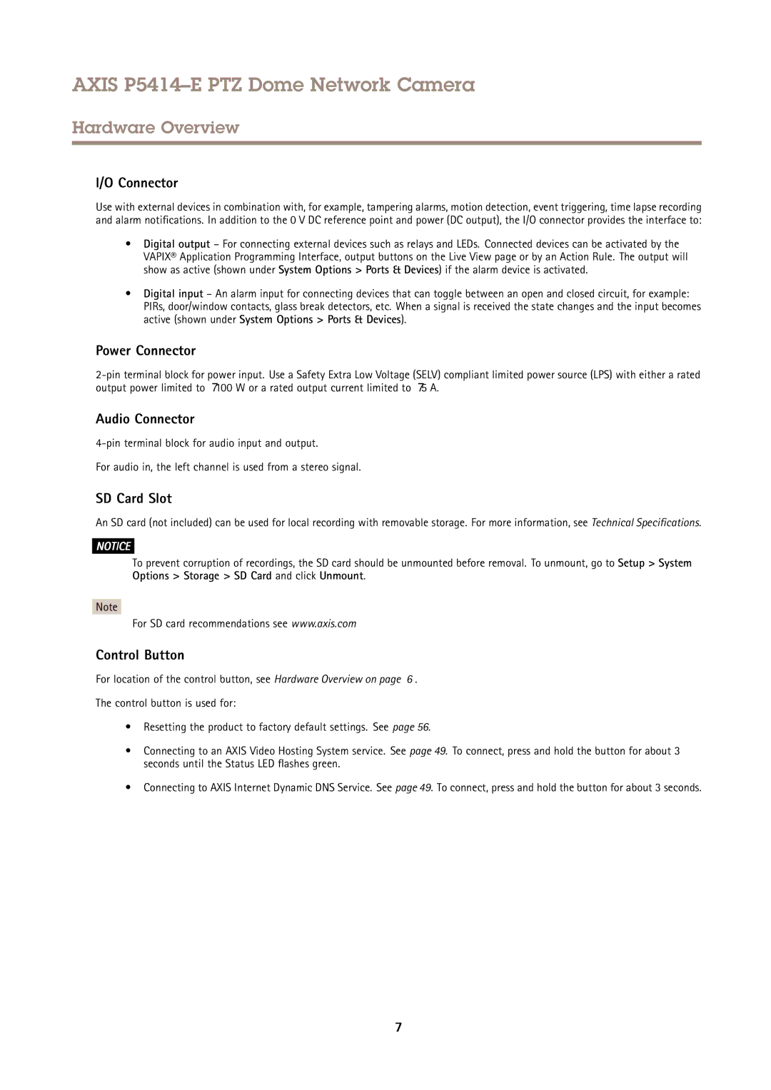 Axis Communications P5414-E user manual Power Connector, Audio Connector, SD Card Slot, Control Button 