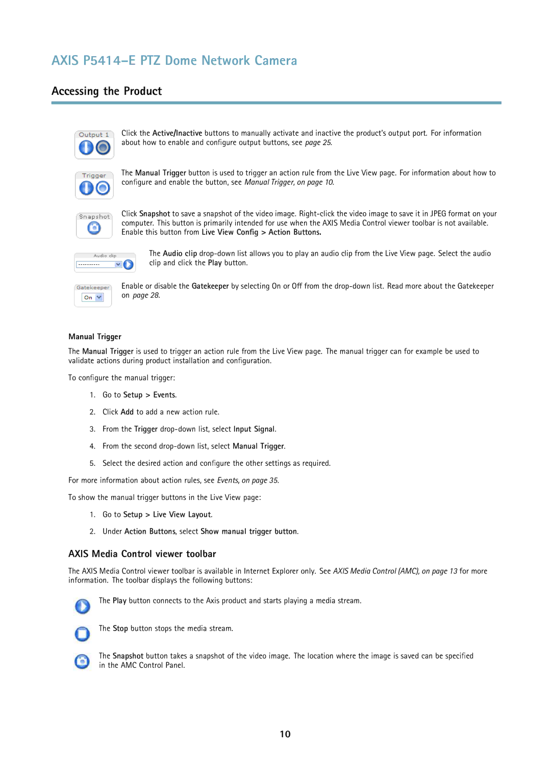 Axis Communications P5414E user manual Axis Media Control viewer toolbar, Manual Trigger, Go to Setup Events 
