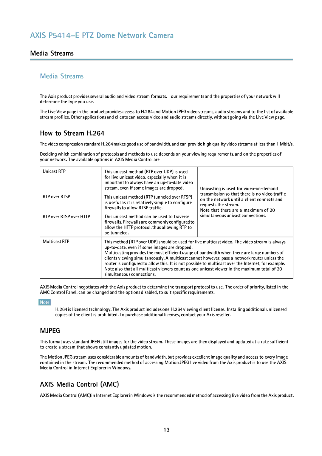 Axis Communications P5414E user manual Media Streams, How to Stream H.264, Axis Media Control AMC 