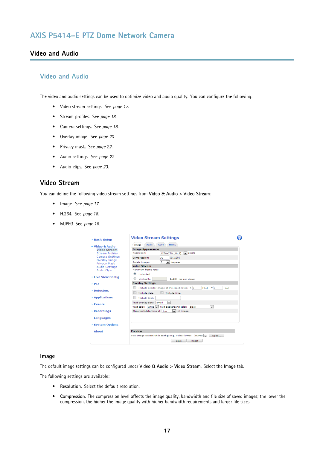 Axis Communications P5414E user manual Video and Audio, Video Stream, Image 