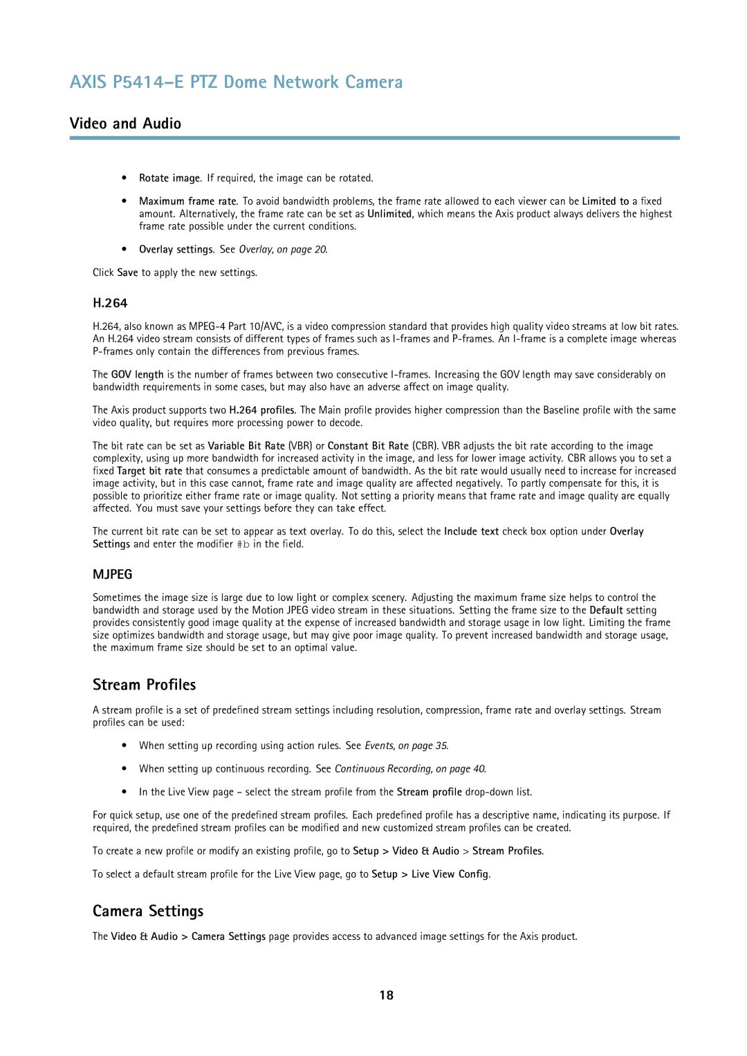 Axis Communications P5414E user manual Stream Profiles, Camera Settings, 264 