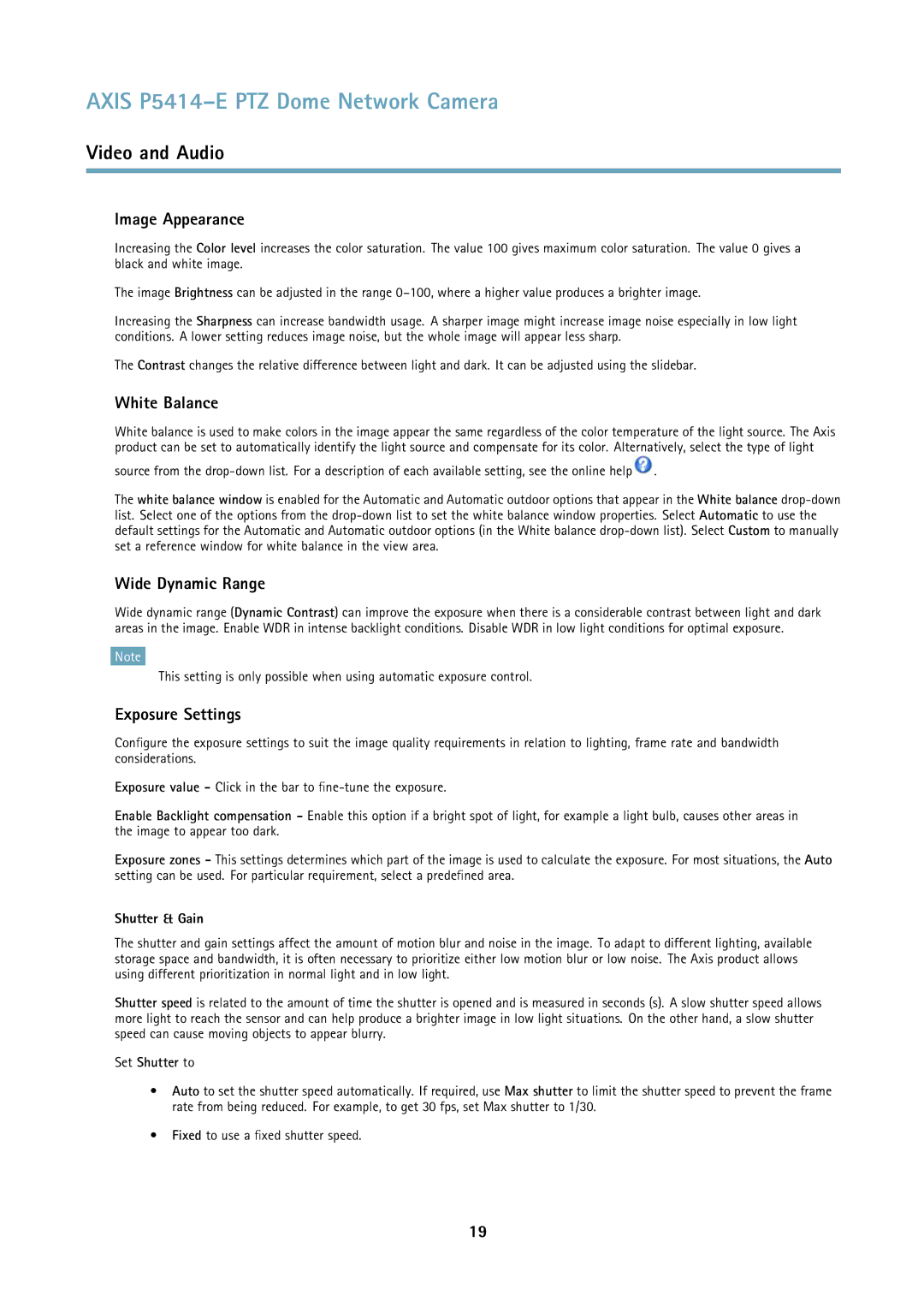 Axis Communications P5414E user manual Image Appearance, White Balance, Wide Dynamic Range, Exposure Settings 