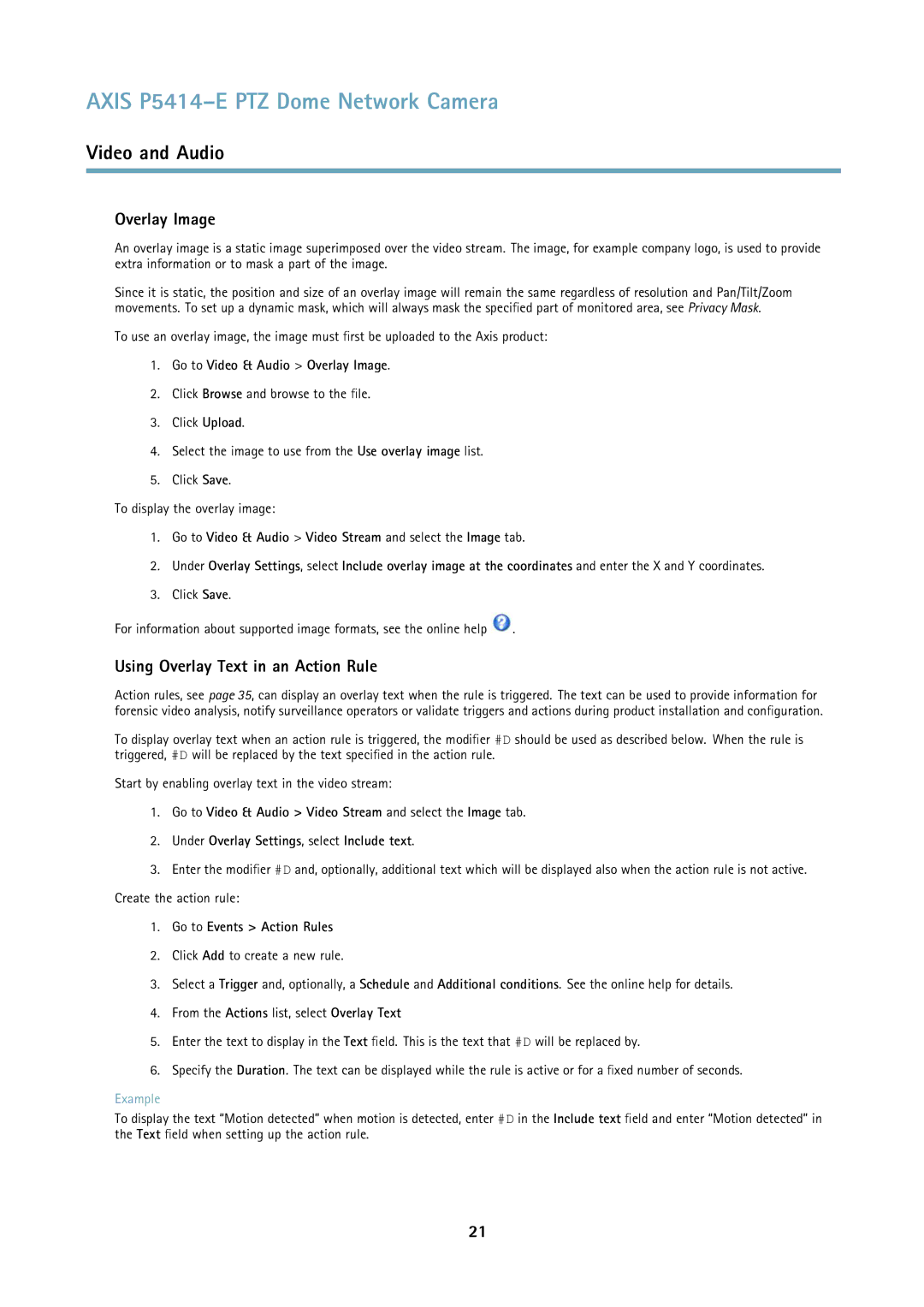 Axis Communications P5414E user manual Using Overlay Text in an Action Rule, Go to Video & Audio Overlay Image 