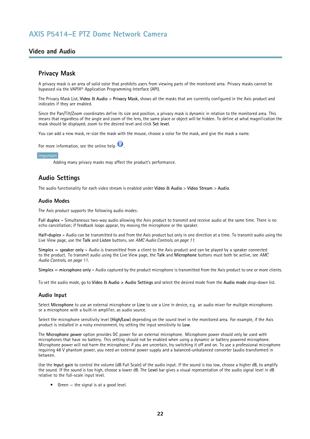 Axis Communications P5414E user manual Video and Audio Privacy Mask, Audio Settings, Audio Modes, Audio Input 