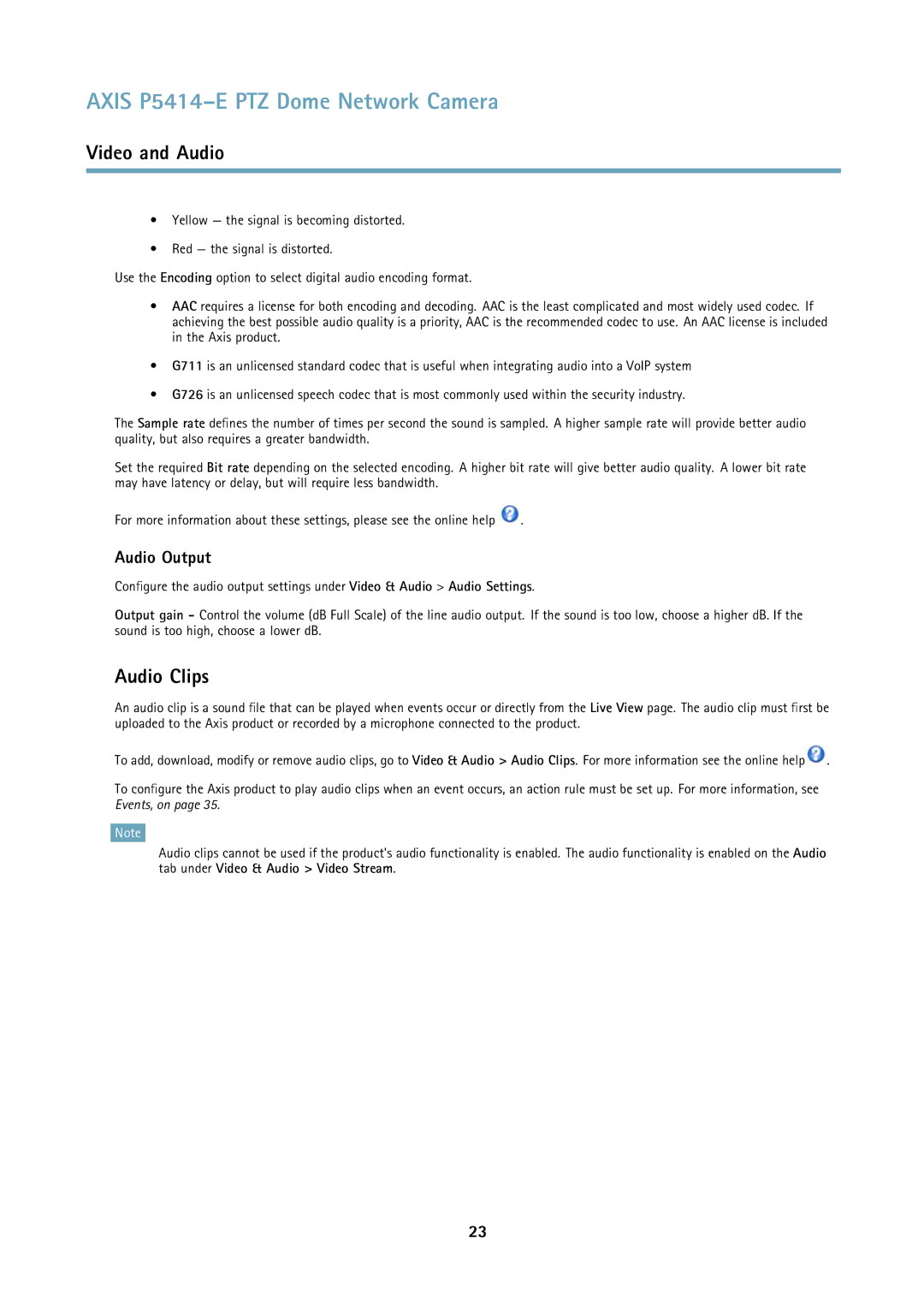 Axis Communications P5414E user manual Audio Clips, Audio Output 