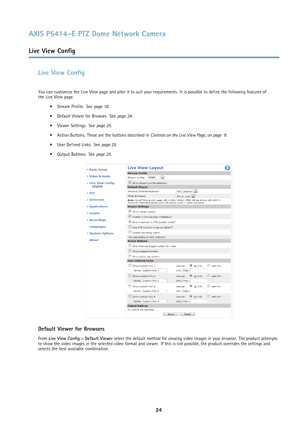 Axis Communications P5414E user manual Live View Config, Default Viewer for Browsers 