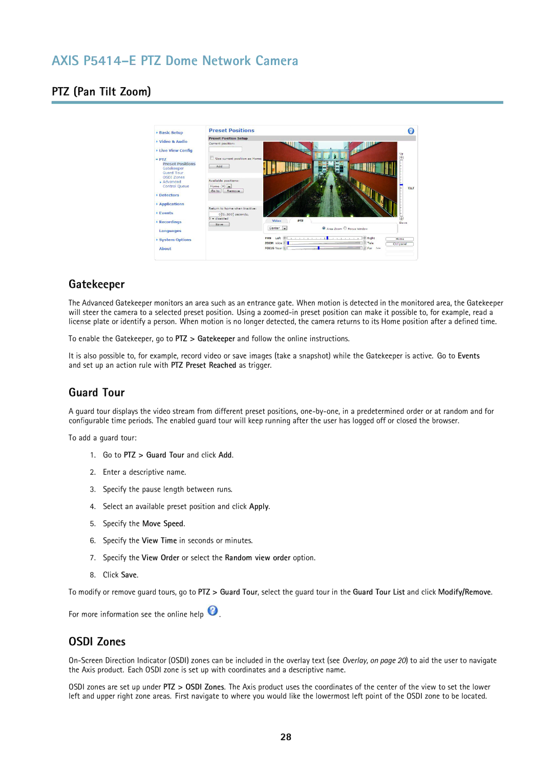 Axis Communications P5414E user manual PTZ Pan Tilt Zoom Gatekeeper, Osdi Zones, Go to PTZ Guard Tour and click Add 