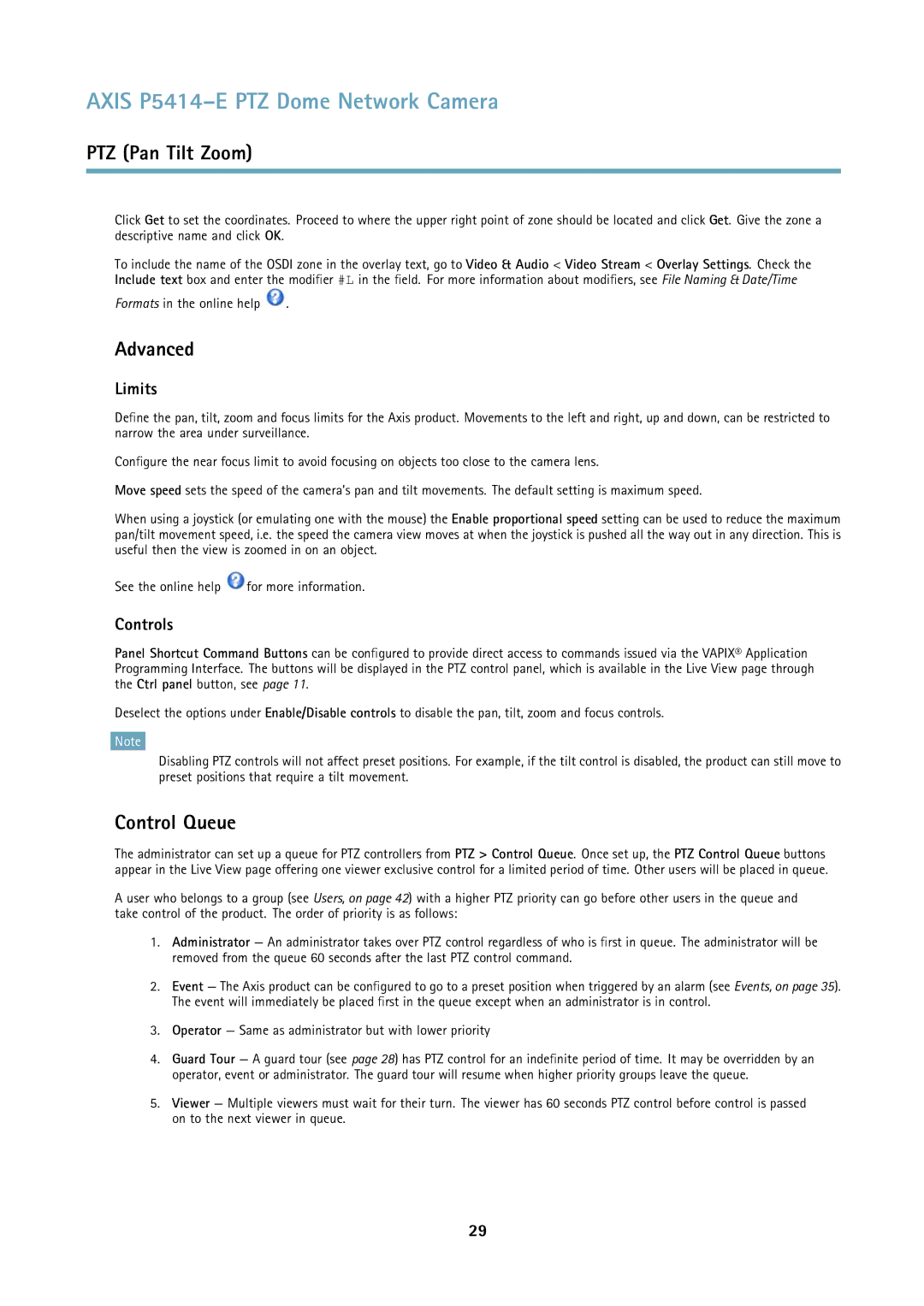 Axis Communications P5414E user manual Advanced, Control Queue, Limits, Controls 