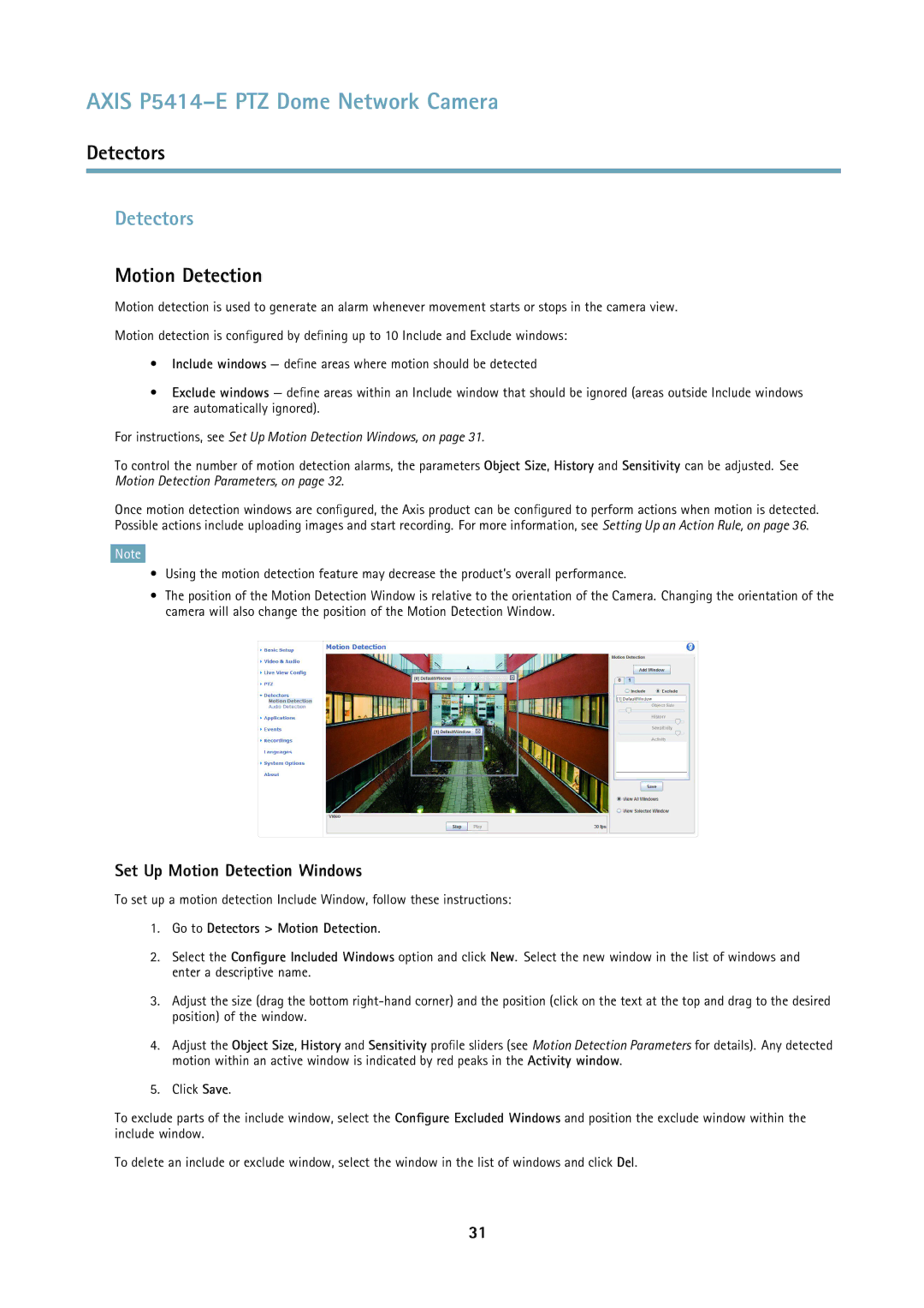 Axis Communications P5414E user manual Set Up Motion Detection Windows, Go to Detectors Motion Detection 