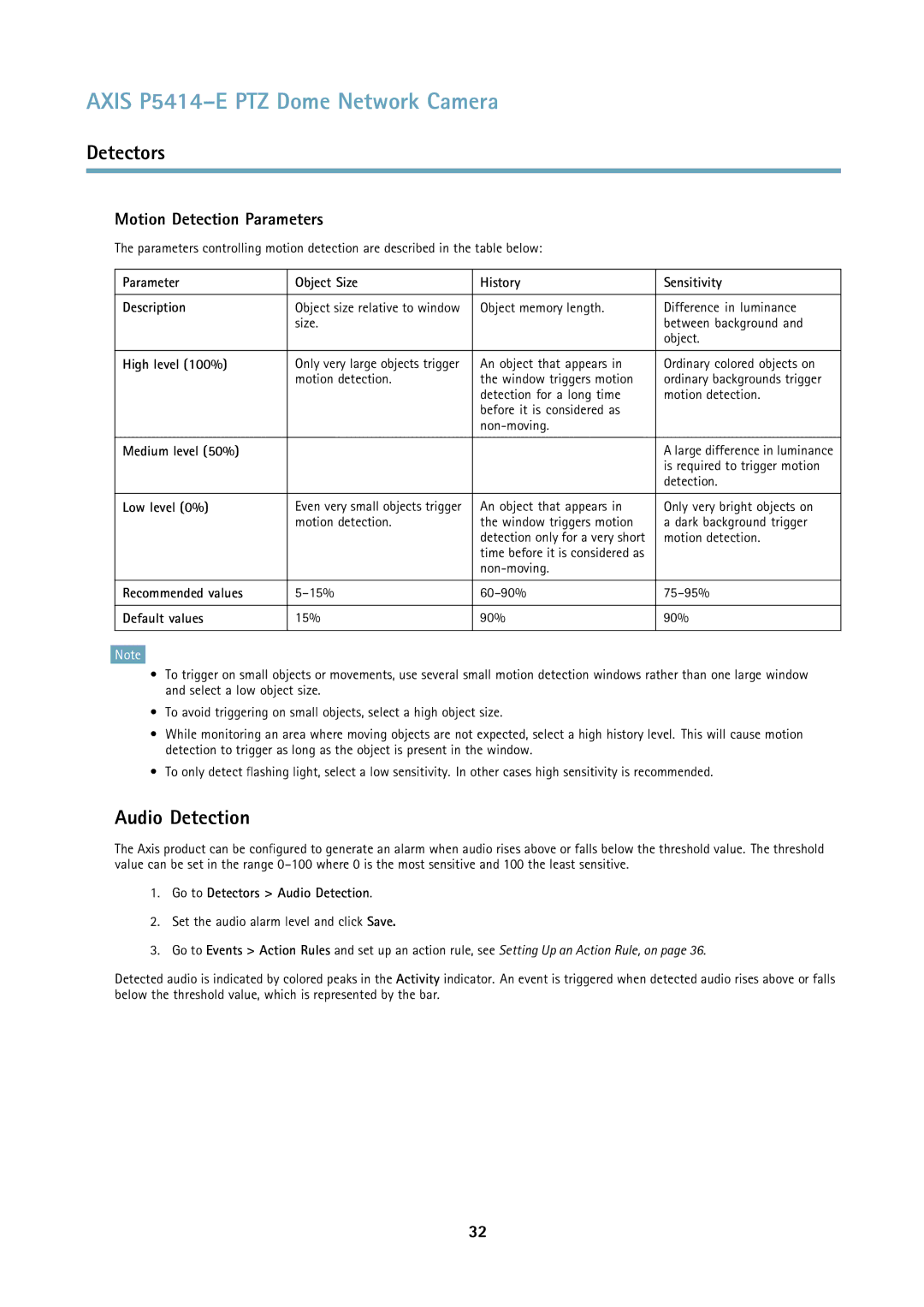 Axis Communications P5414E user manual Audio Detection, Motion Detection Parameters 