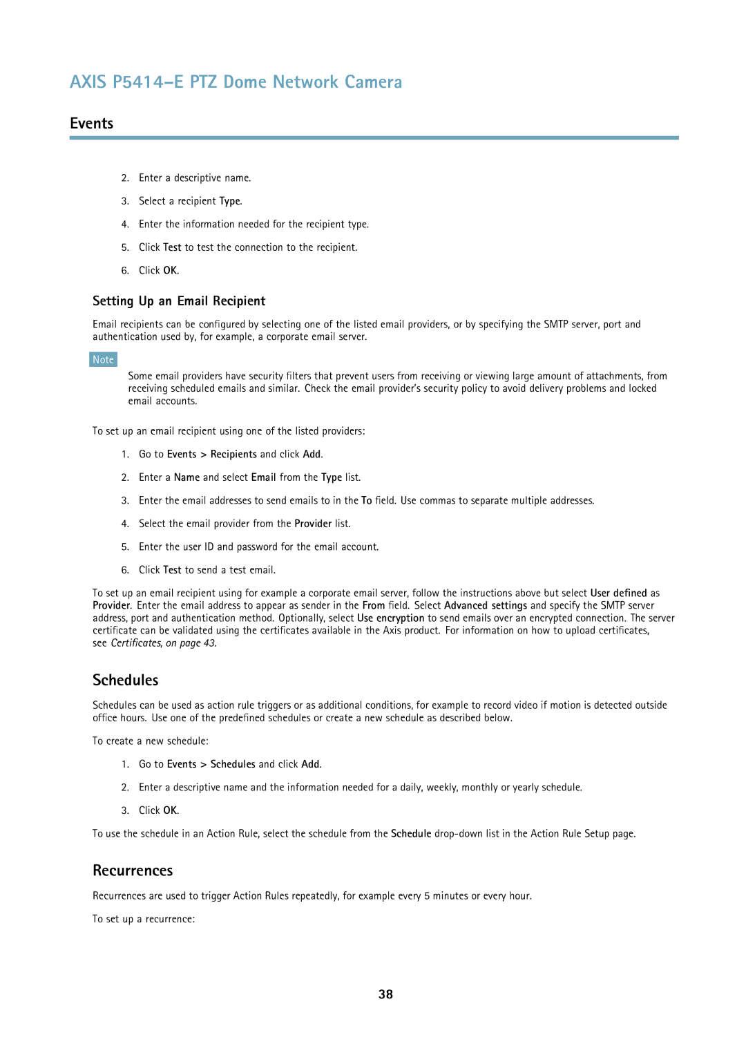 Axis Communications P5414E user manual Recurrences, Setting Up an Email Recipient, Go to Events Schedules and click Add 