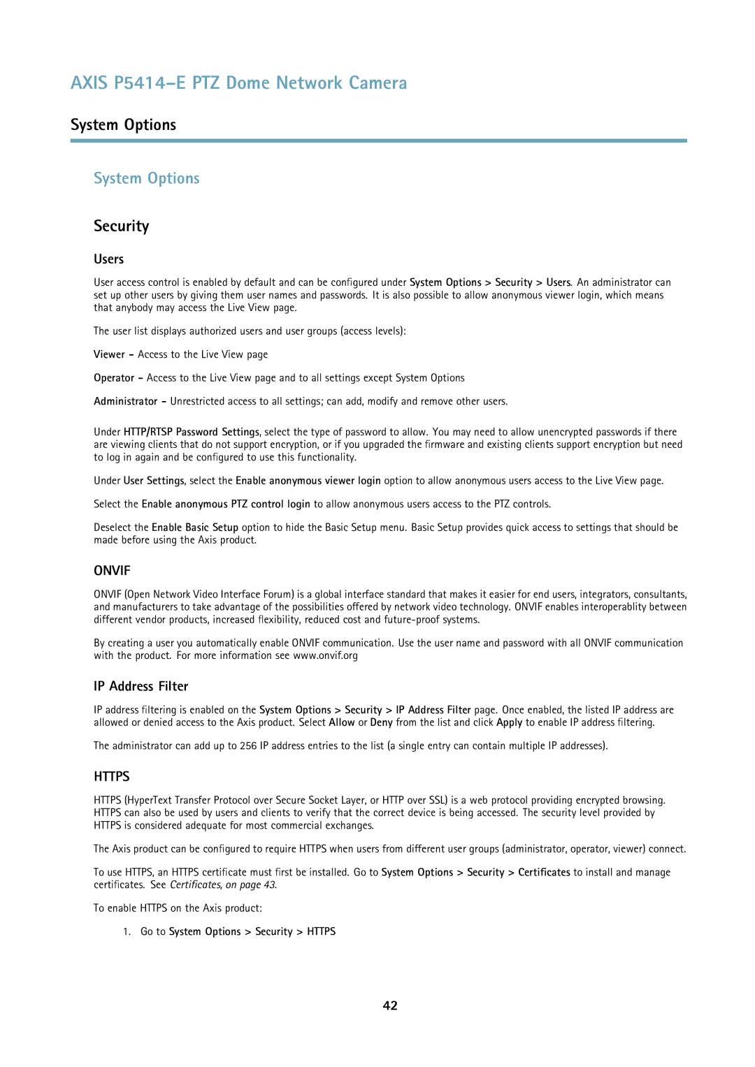 Axis Communications P5414E user manual System Options, Security, Users, IP Address Filter 