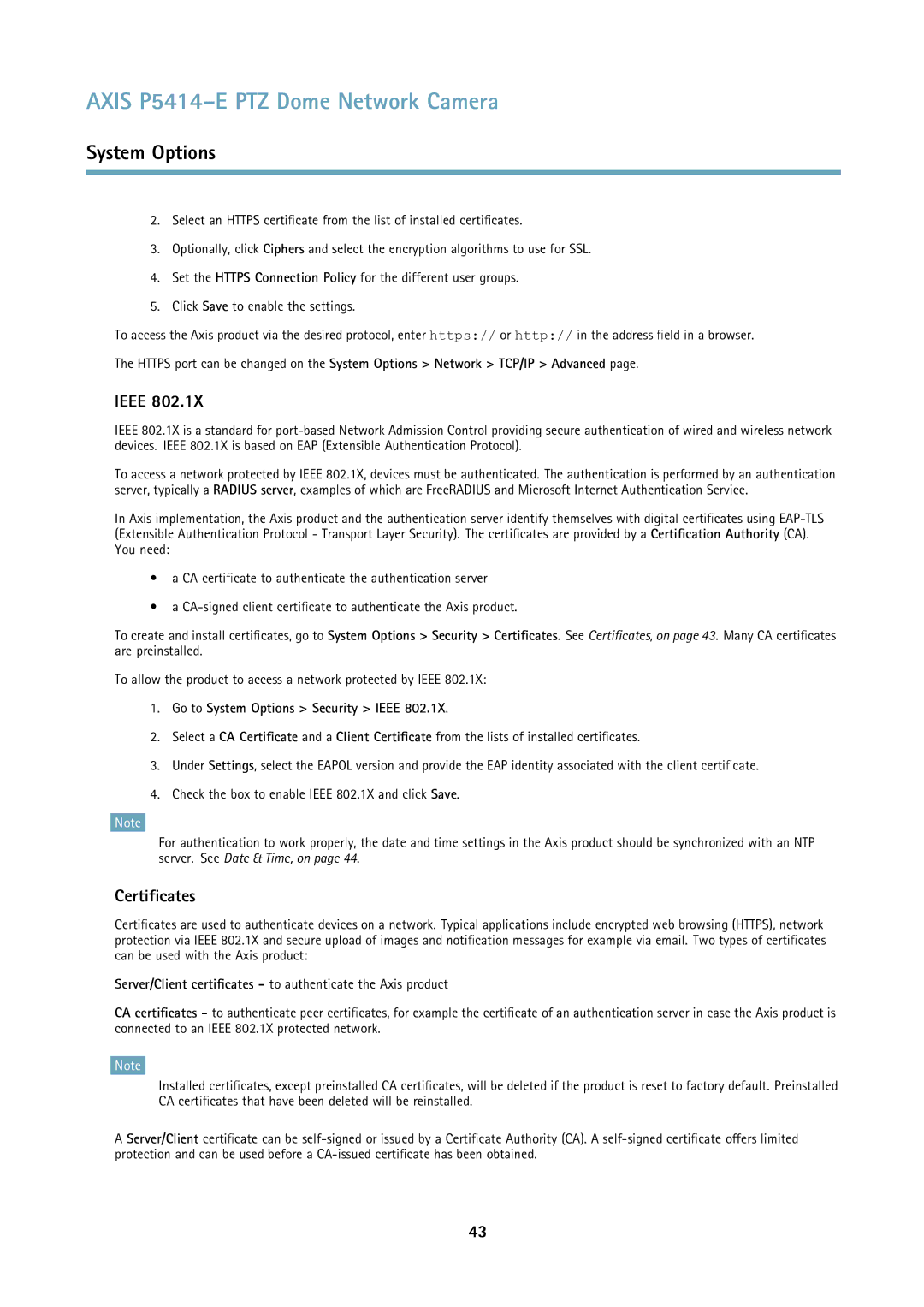 Axis Communications P5414E user manual Certificates, Go to System Options Security Ieee 