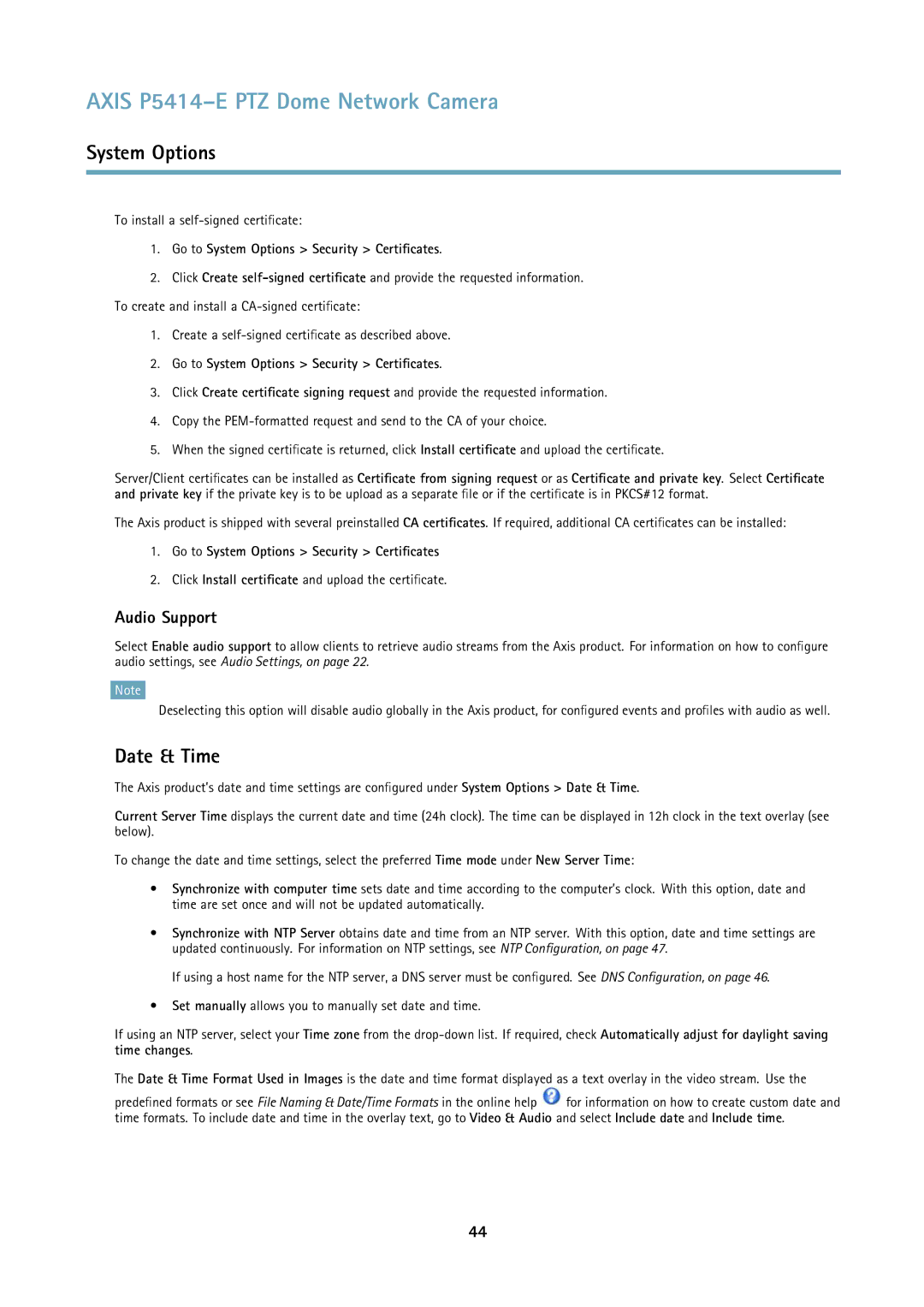 Axis Communications P5414E user manual Date & Time, Audio Support, Go to System Options Security Certificates 