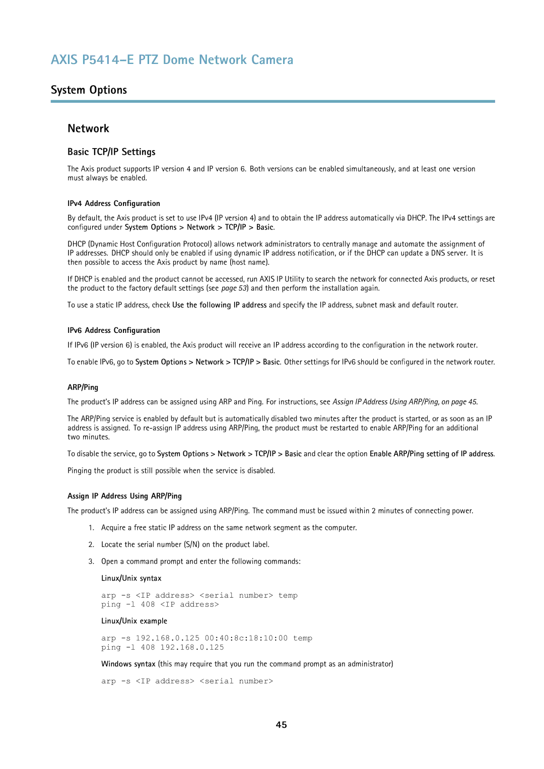 Axis Communications P5414E user manual System Options Network, Basic TCP/IP Settings 