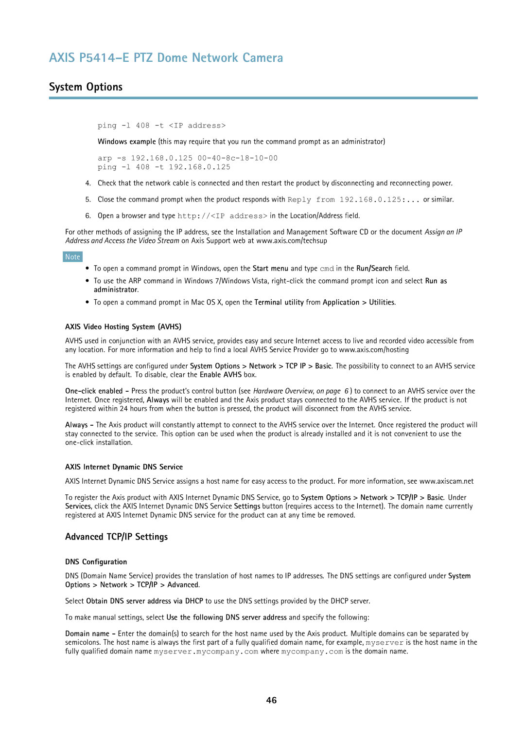 Axis Communications P5414E Advanced TCP/IP Settings, Axis Video Hosting System Avhs, Axis Internet Dynamic DNS Service 