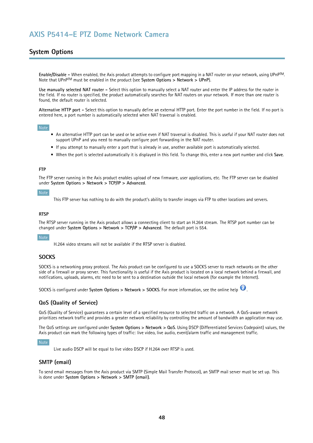 Axis Communications P5414E user manual QoS Quality of Service, Smtp email 