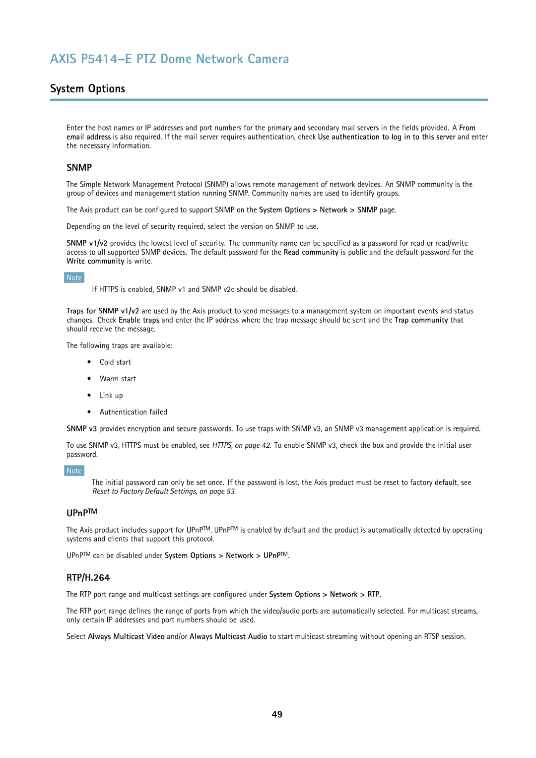 Axis Communications P5414E user manual RTP/H.264, UPnPTM can be disabled under System Options Network UPnPTM 